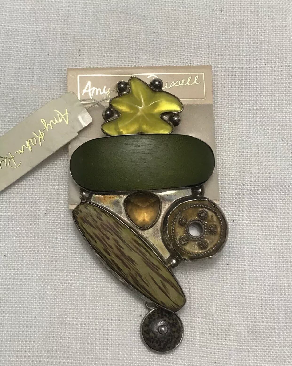Vintage Amy Kahn Russell Sterling Serpentine Jade Large Brooch