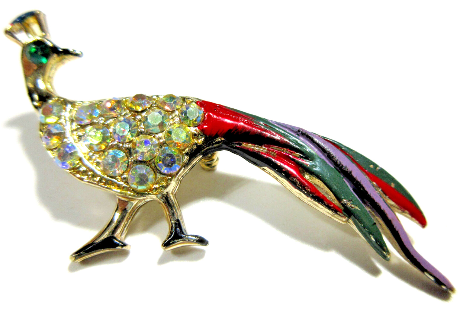 VTG PEACOCK AB RHINESTONE green red black purple enamel gold tone mtl Brooch Pin