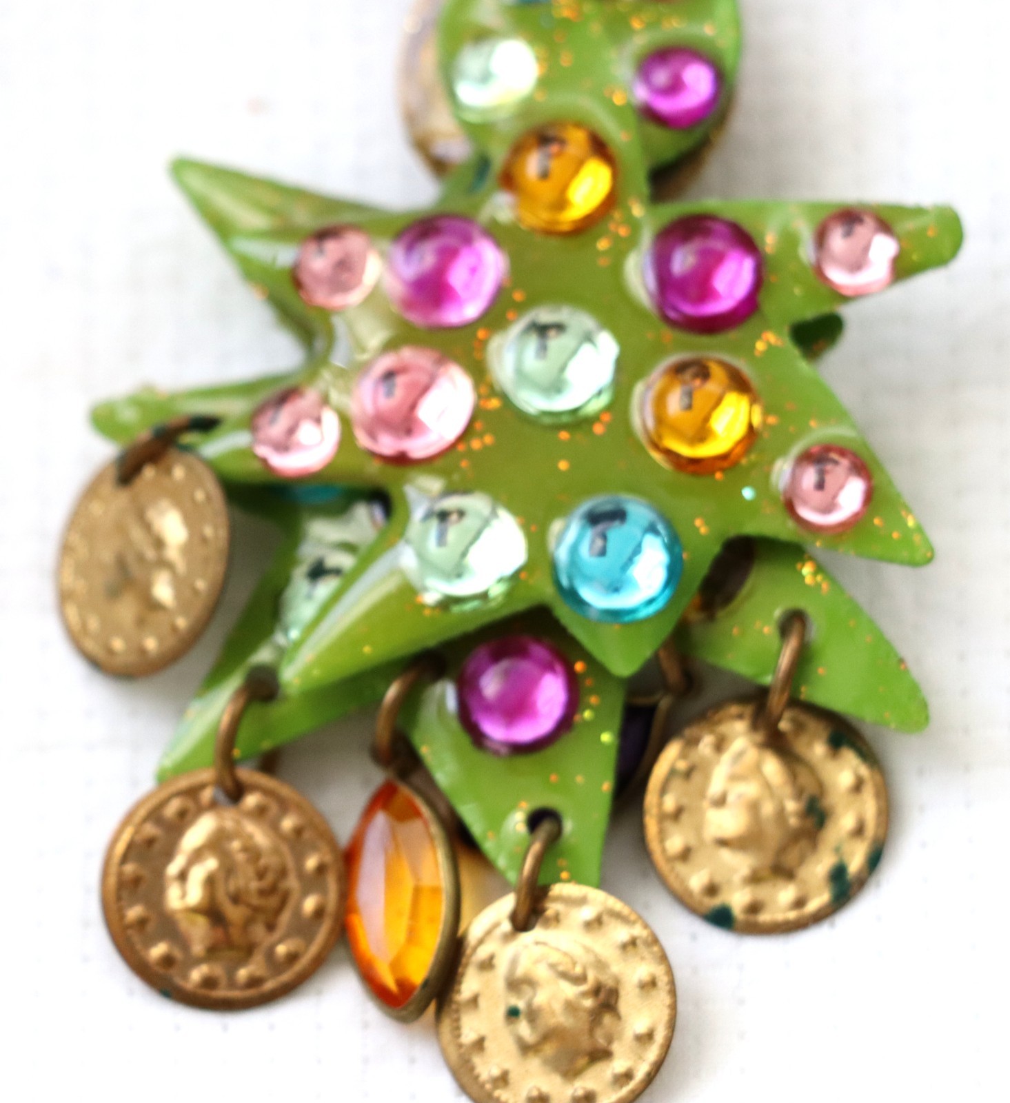 Vintage Green Resin Metal Christmas Tree Colorful Clip-On Dangle Earrings 4″