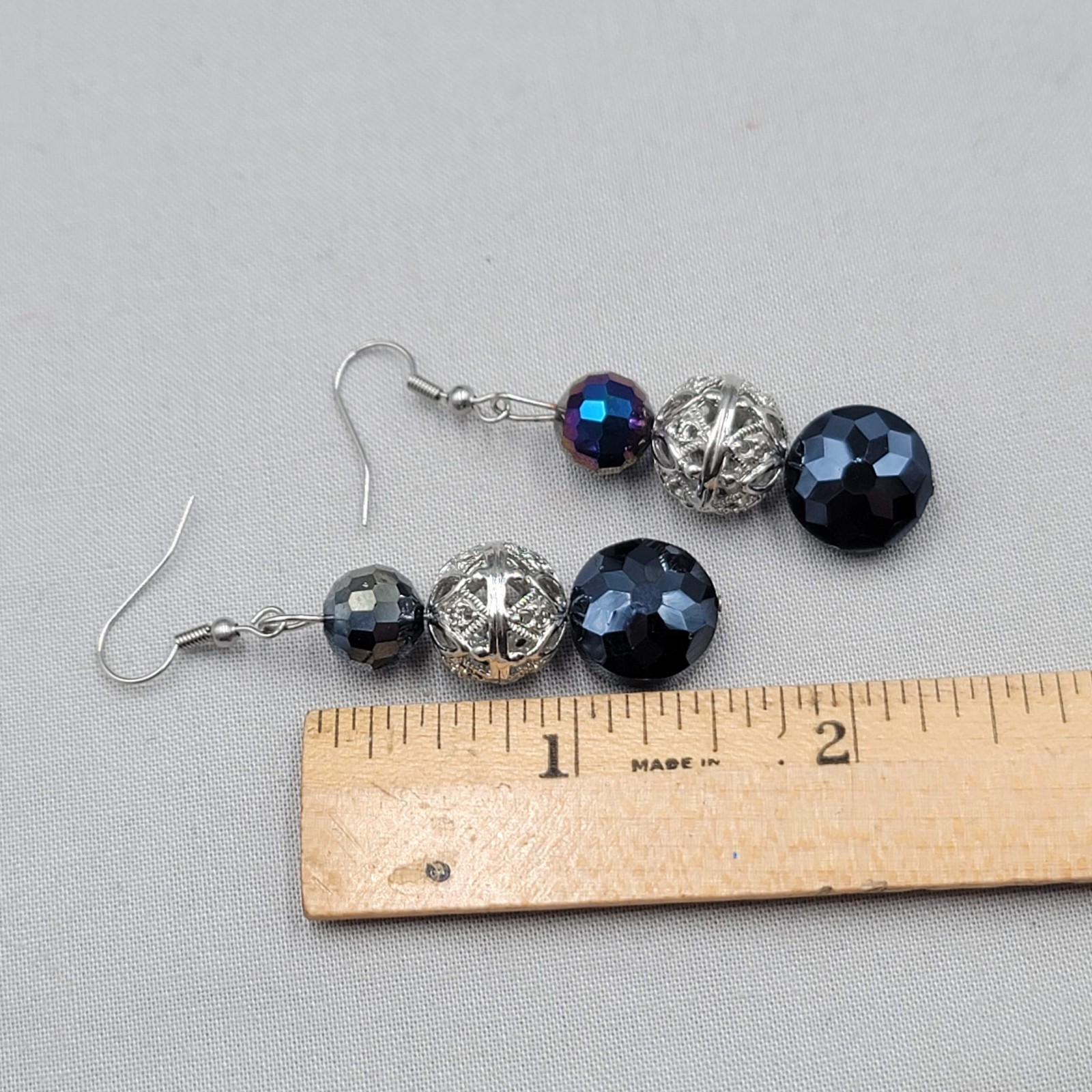Vintage Beaded Pierced Earrings Filigree Silver tone Dangle 1.5″