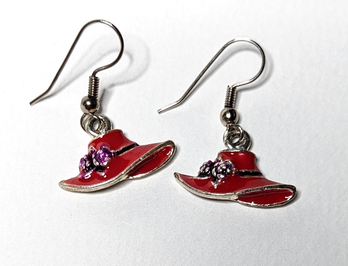 Vintage Enamel Red Hat Brooch Matching Earrings AB Rhinestones Flower