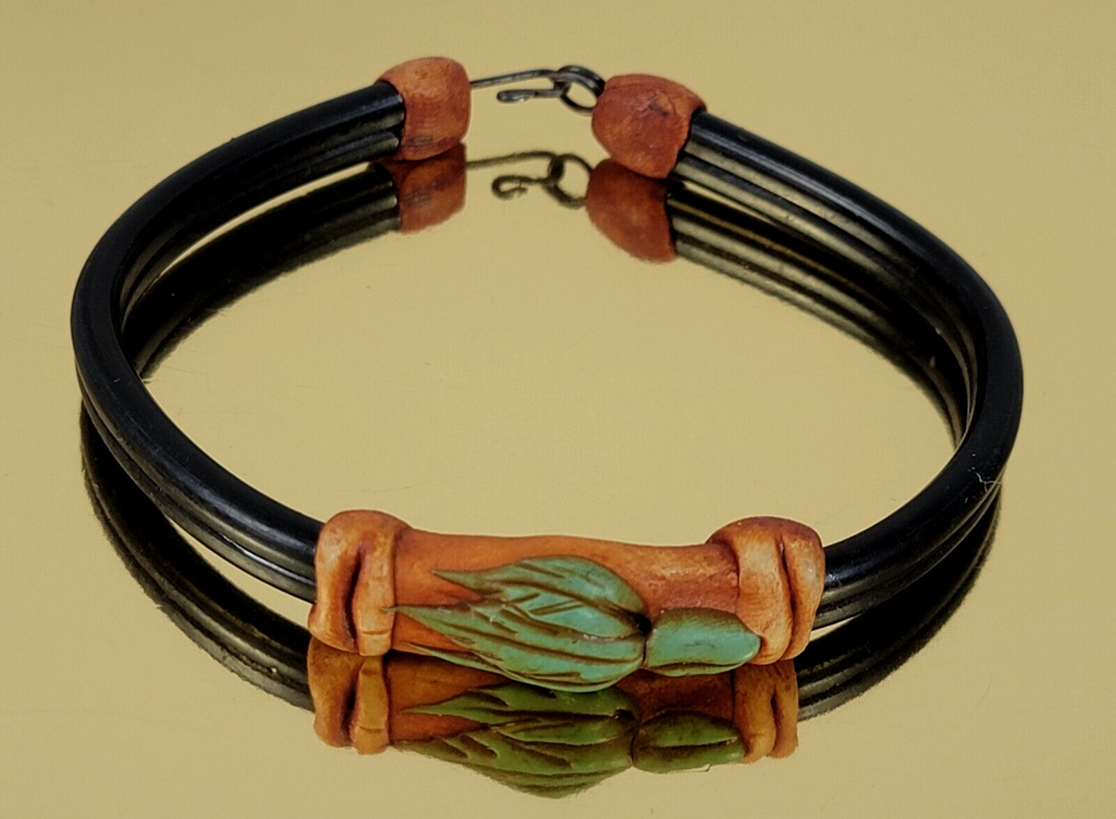 Vintage 70’s Southweat Ceramic And Leather Cuff Bracelet Hook Clasp 7.25 In
