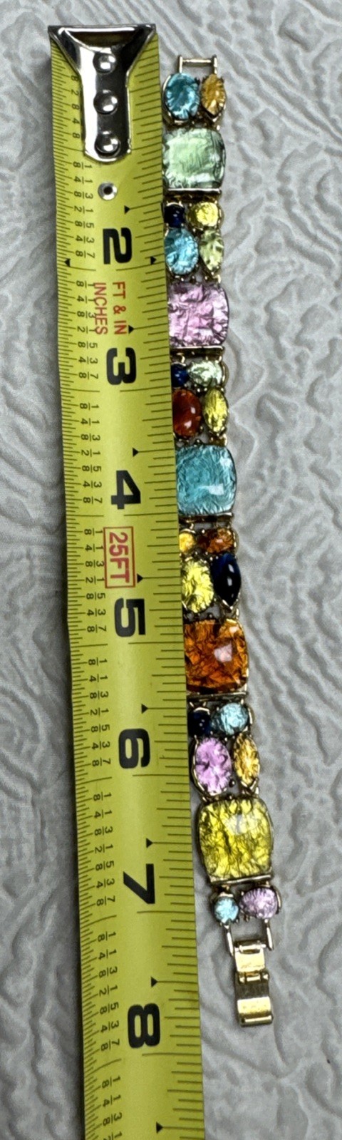Vintage Foiled Art Glass Gold Plate Panel Link 8”Bracelet