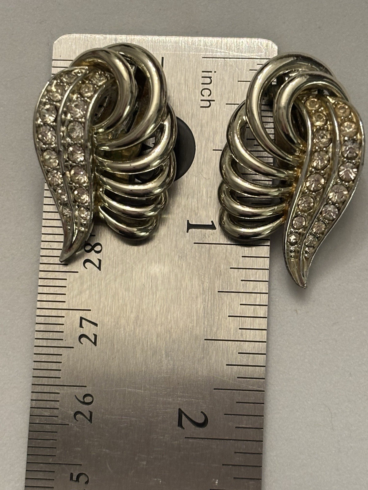 Vintage Signed Marboux Rhinestone Clip On Earrings Silver Tone Swirl Ribbon