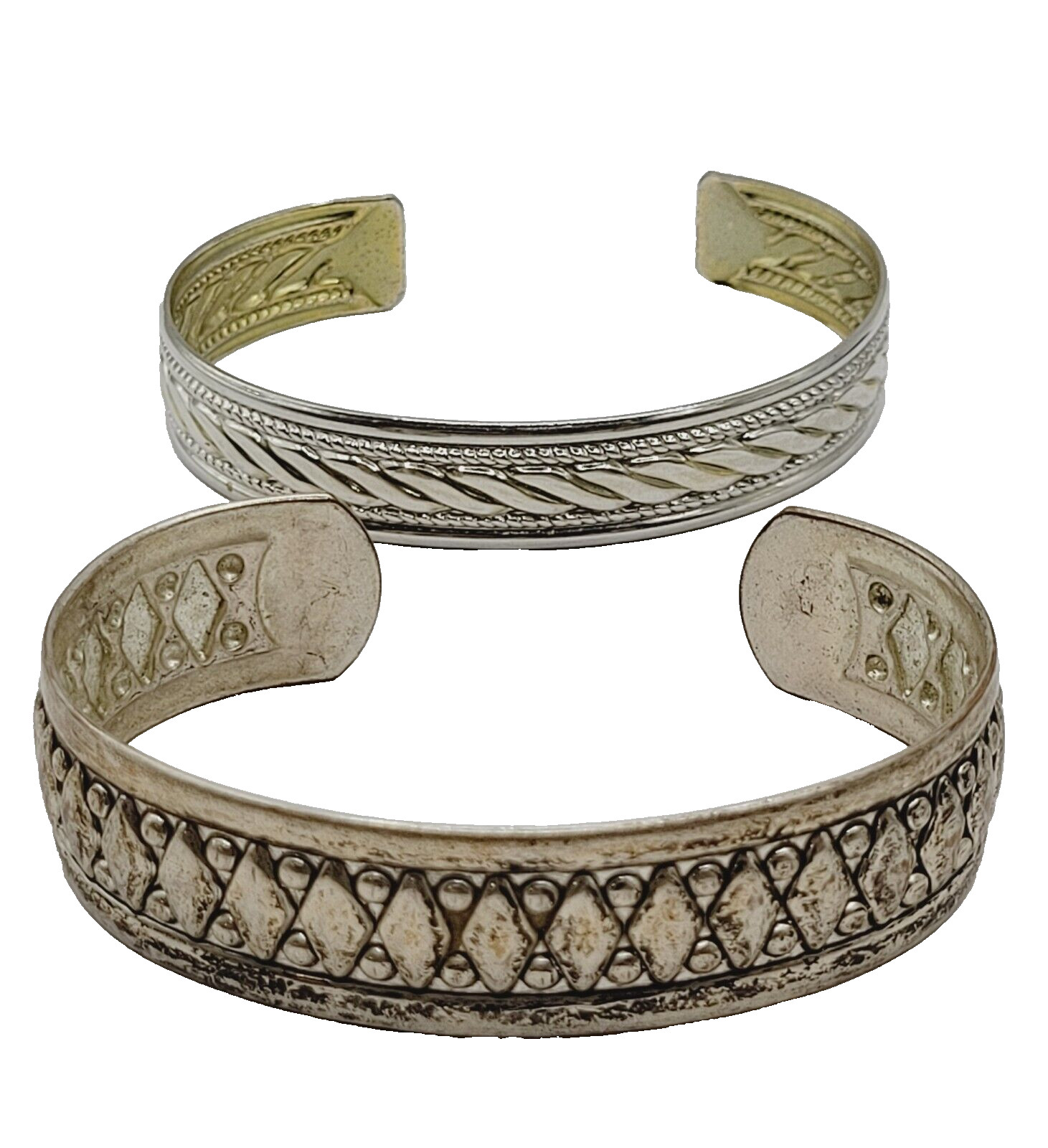 Two Vintage Metal Cuff Bracelets 1 Brass & 1 Silver Tone Patterned Tarnished