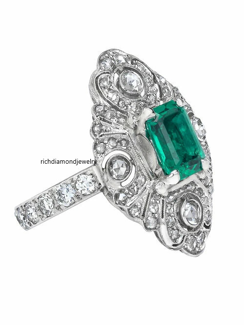 Transparent Emerald Cut Green 1.52CT Emerald & White CZ Antique Women Ring FN