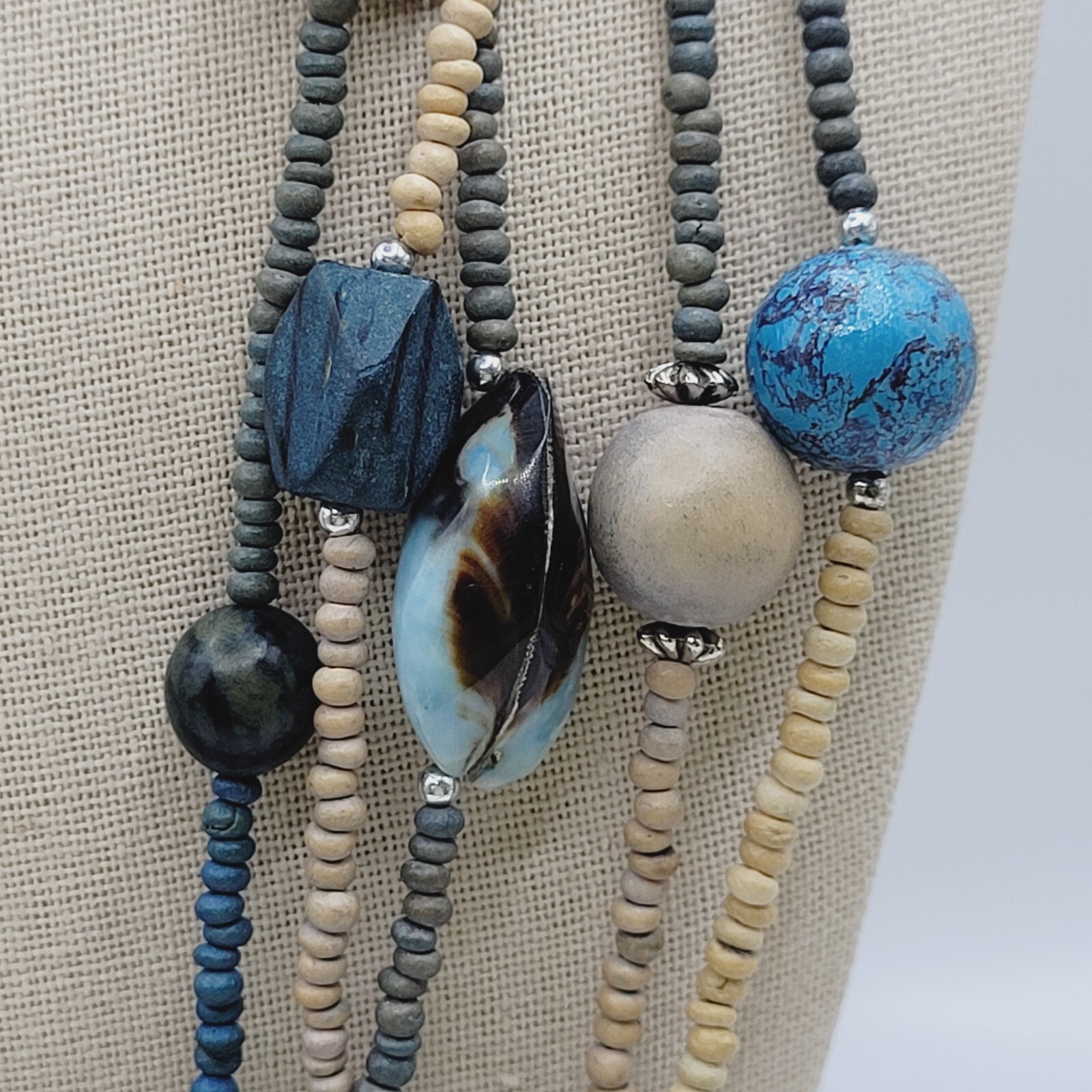 Peacock Blues Silver Tone Multi Strand Unique Bead Styles Vintage Necklace 24 In