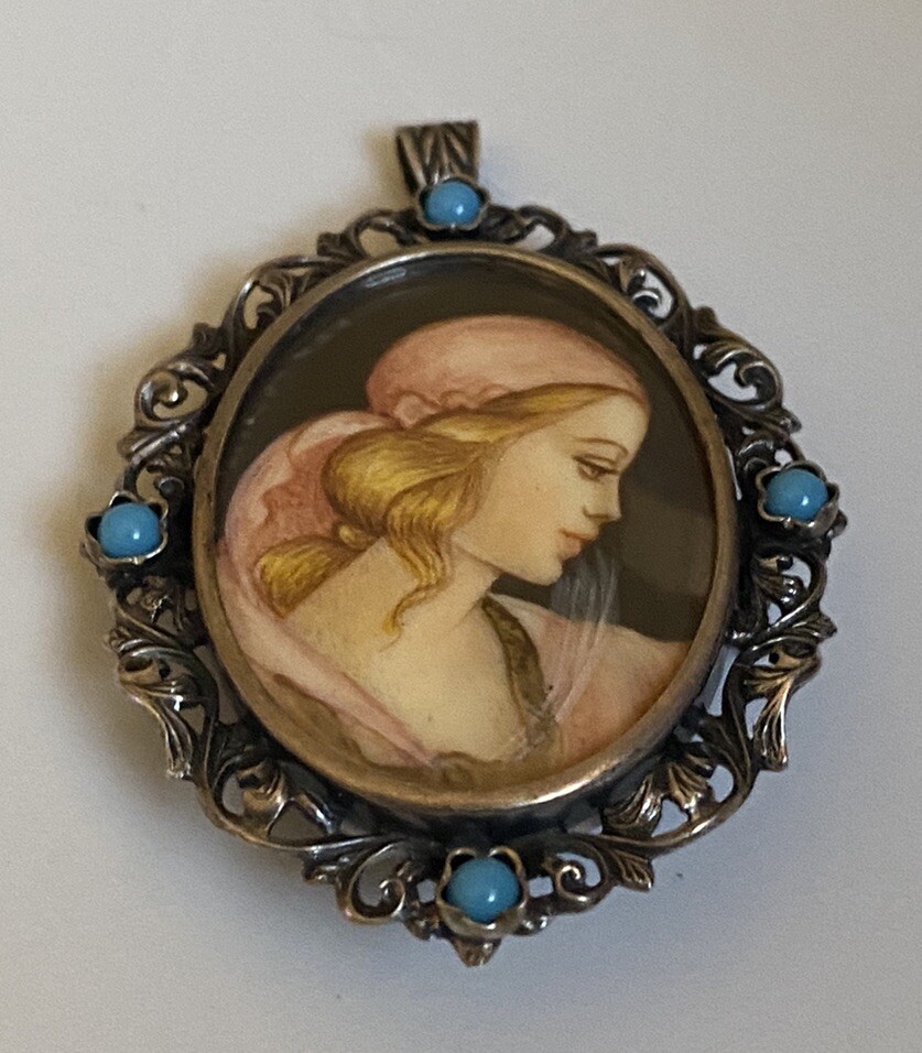 Vintage 800 Silver Filigree Blue Glass Hand Painted Portrait Brooch or Pendant