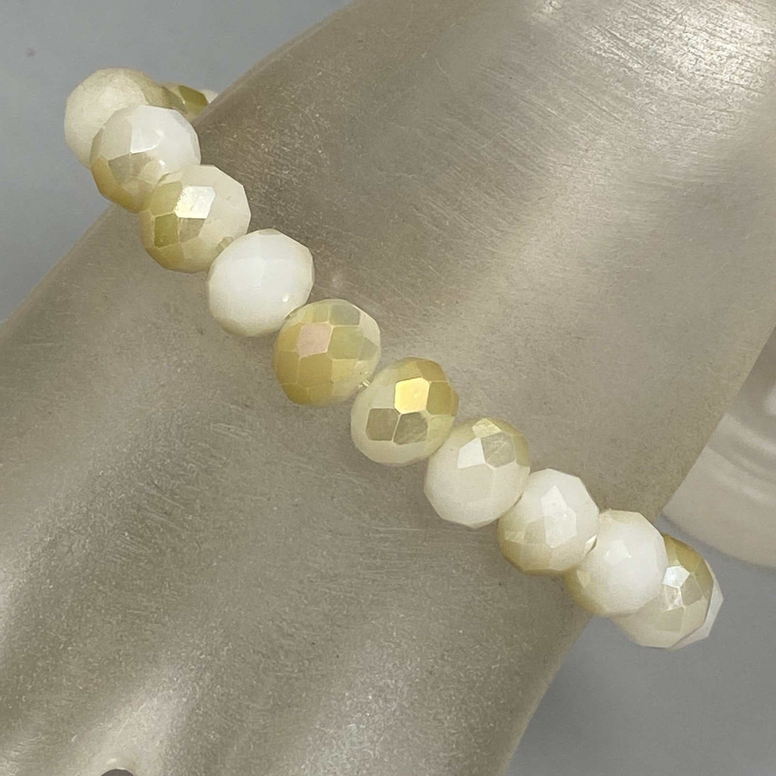 Glass Beaded Bracelet White Opaque Yellow Fire Polished Faceted Stretch 7″
