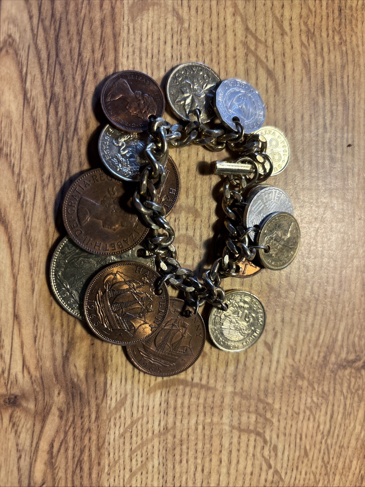 Vintage 15 xx World Coin Charm Bracelet – Mixed Foreign Coins on Gold Tone Chain