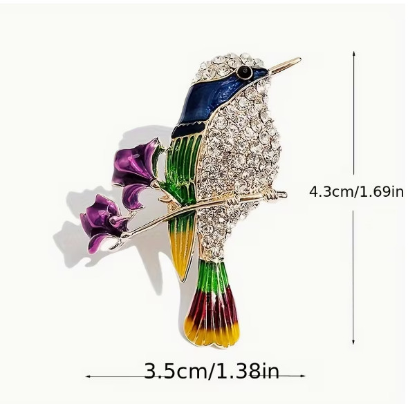 BROOCH-Enamel and Rhinestone Hummingbird with Purple Florals