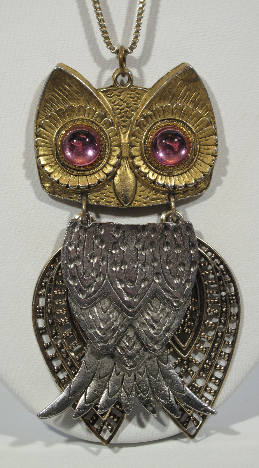 Lot of 2 VTG Owl Necklace Gold~Silver Tone~Pink~Amber Eyes~24″-30″ Chain-64-108g
