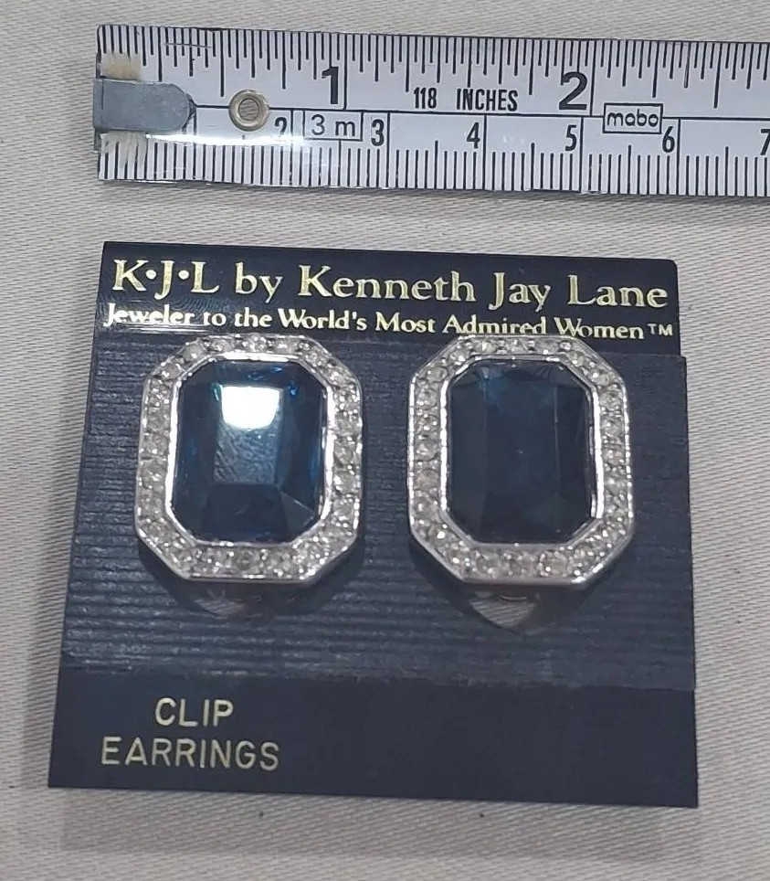 Vtg Signed KJL Kenneth Lane Princess Diana Sapphire Blue Rhinestone Earrings