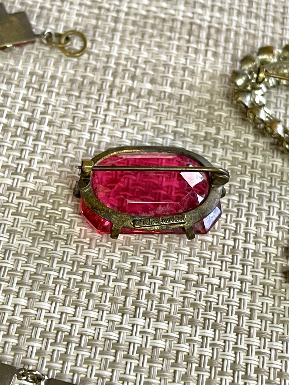 Antique Art Deco Czech PINK Vauxhall Foiled Glass Necklace Brooch Earrings Lot