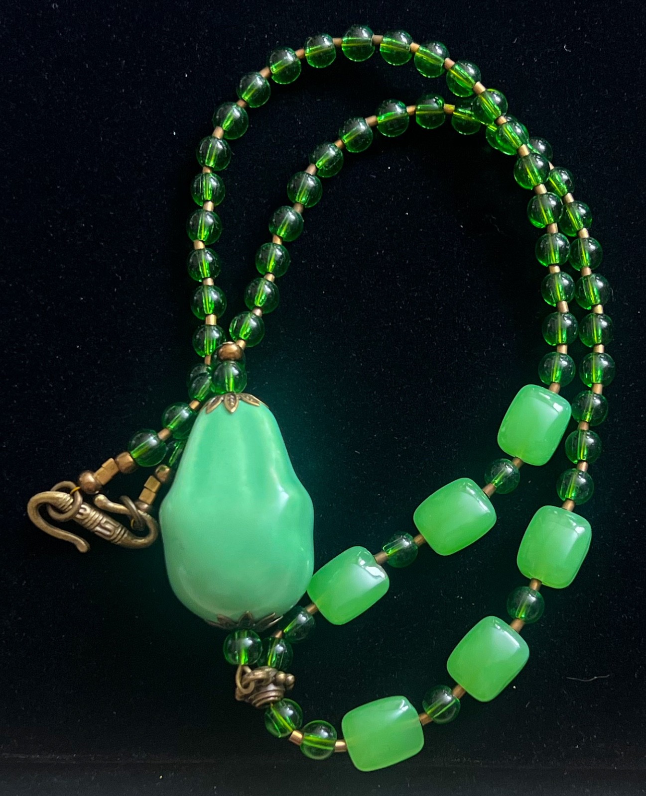 Artisan Necklace Huge Green Porcelain Skull Pendant Glass & Agate Beads