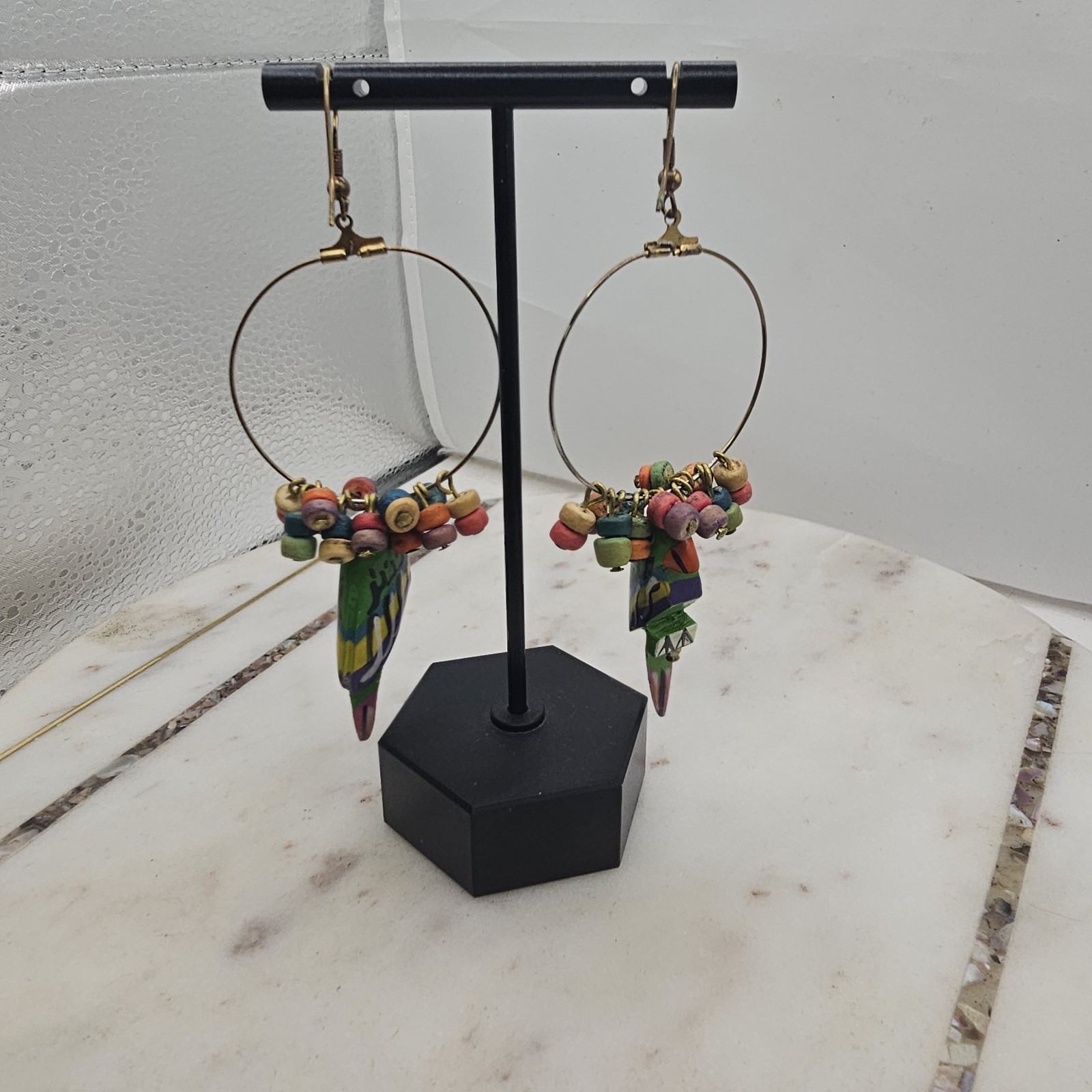 Vintage Parrot Hoop Dangle Earrings Colorful Wooden Beaded Boho Kitsch Whimsical