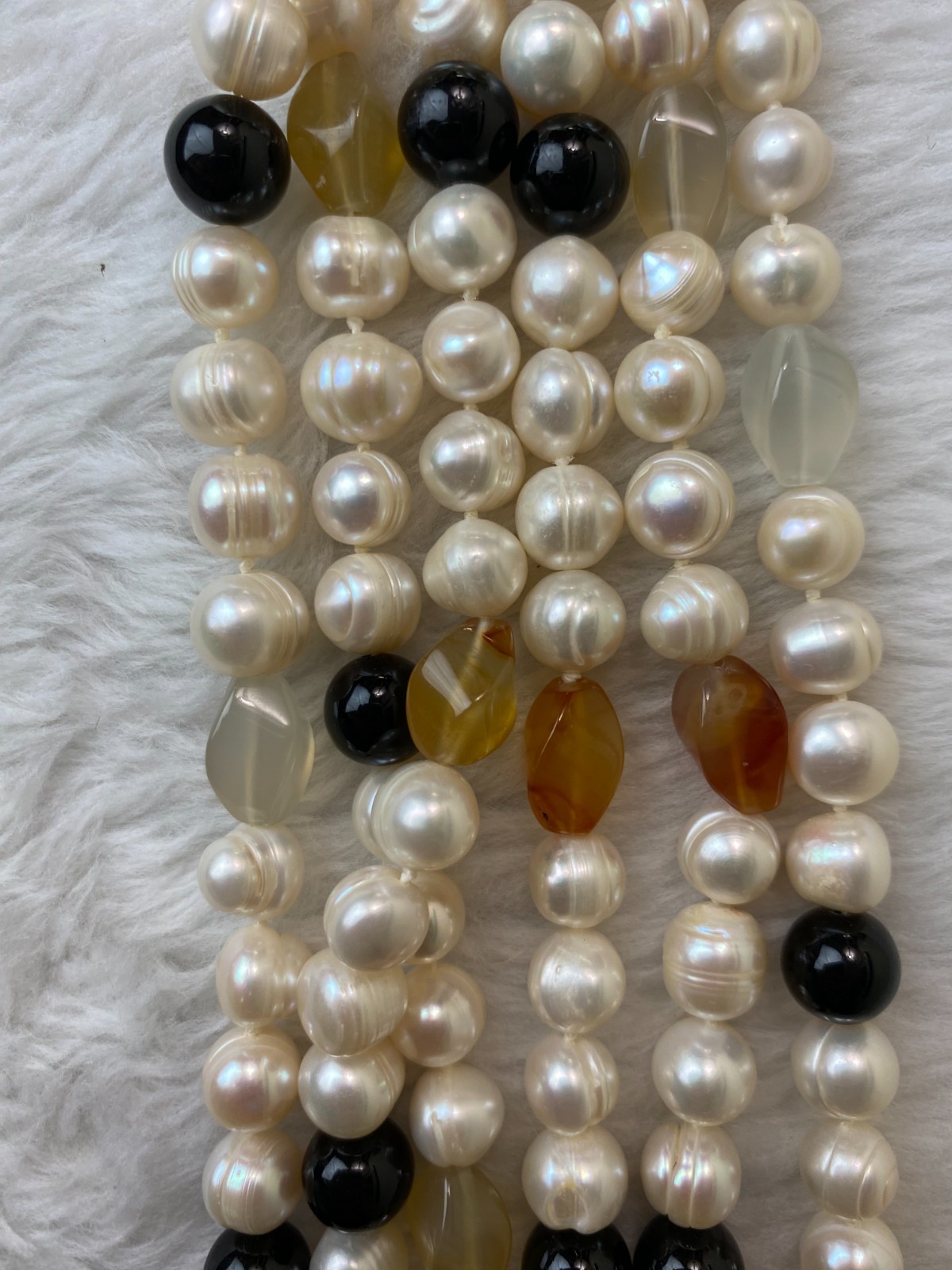 Vtg 1950s Japan Knotted Faux Pearl Multi-Strand Necklace Cream Amber Black 18″