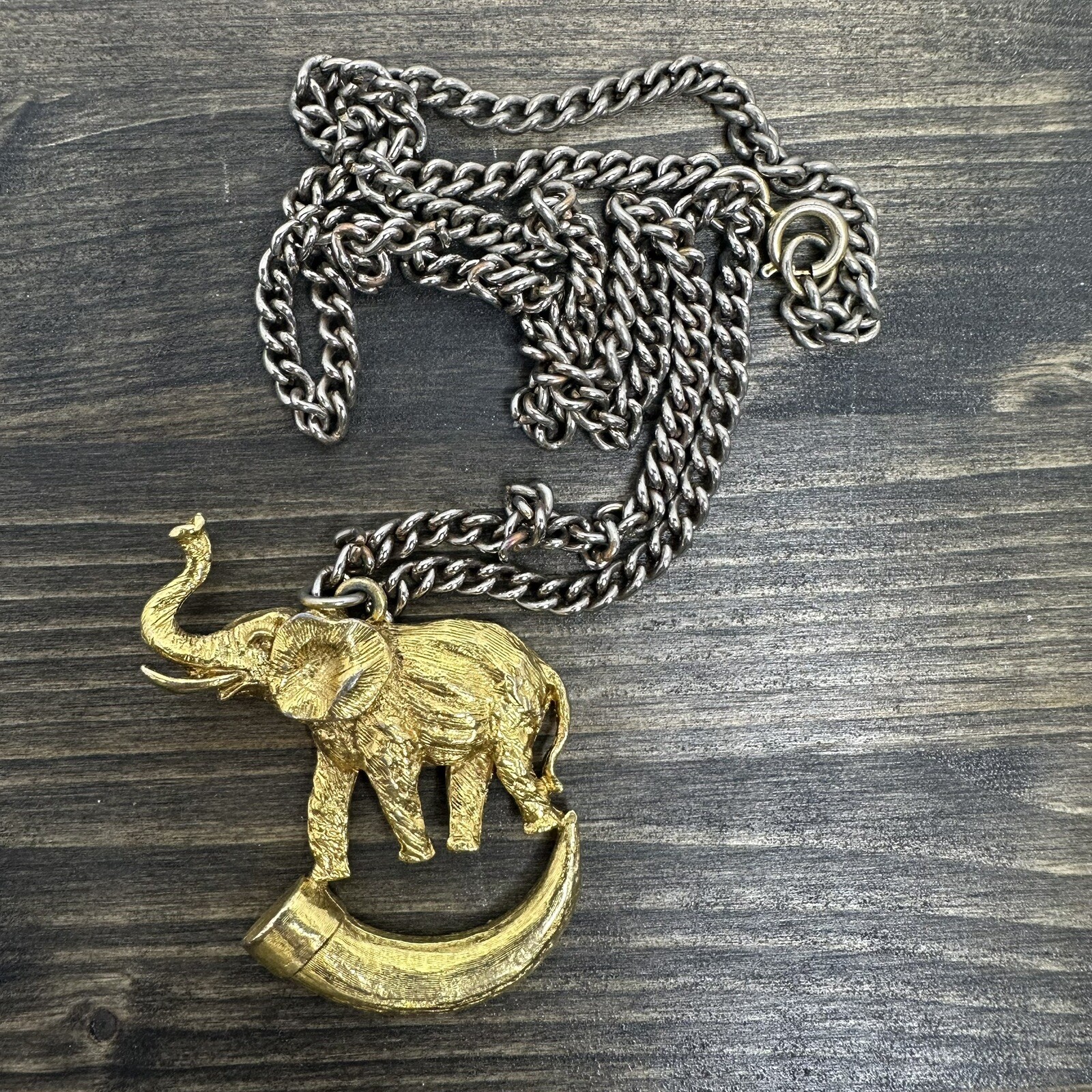 Vintage Elephant on Tusk Necklace Gold Tone Large Pendant Safari Estate Find