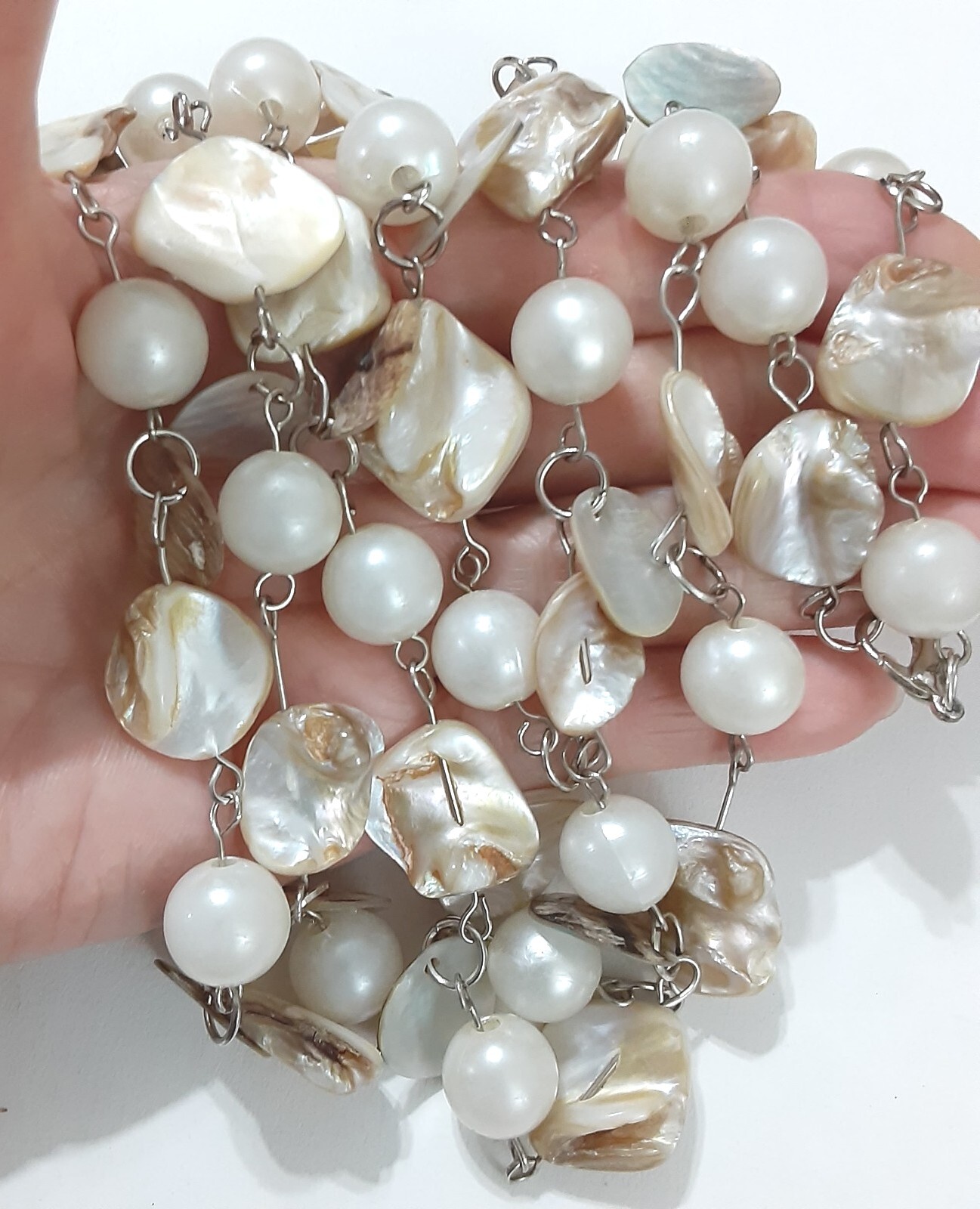 Vintage Mother of Pearl Abalone Shell Faux Pearl Bead Necklace 48 in