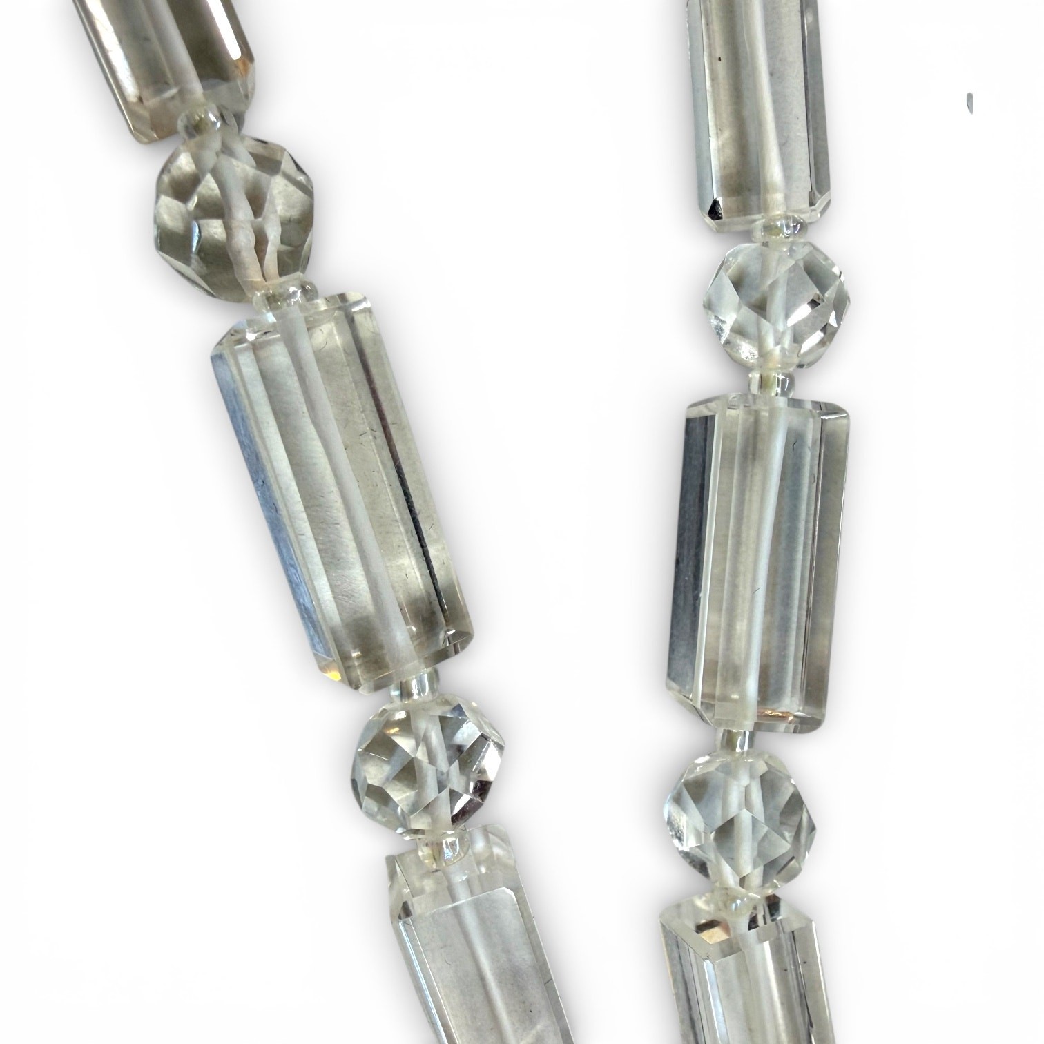 Vintage Clear Faceted Glass Bead Necklace, 34” Long, Rectangular Beads, Opera