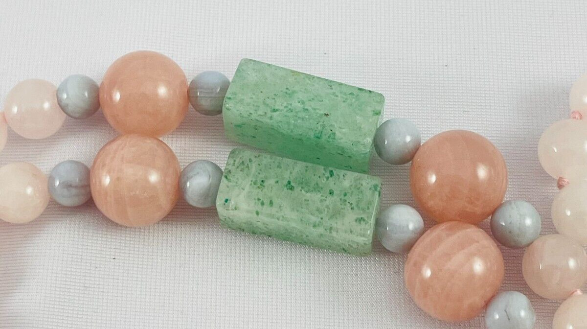 Pink And Green Jade Quartz Hand Knotted Beaded Necklace Long
