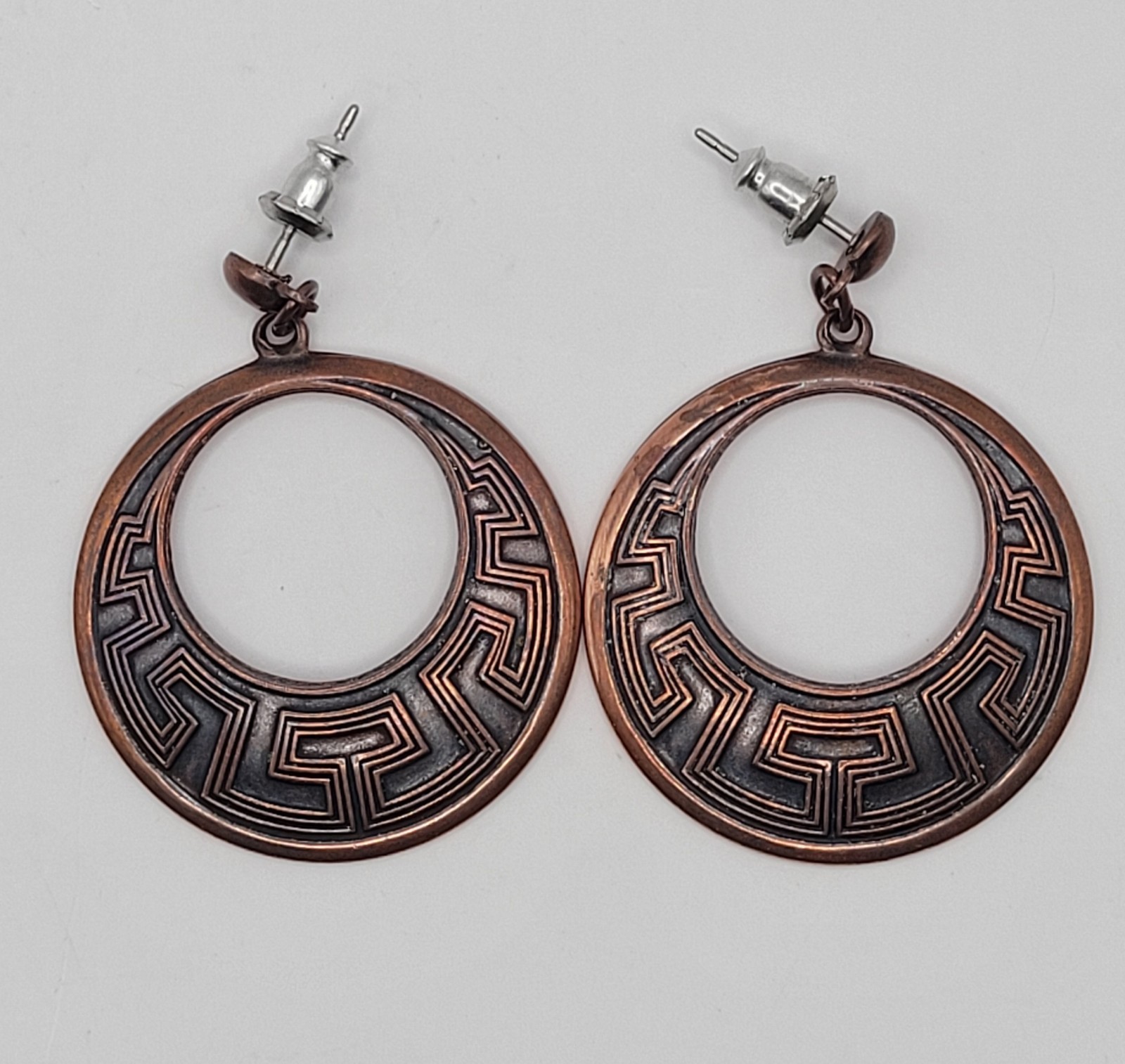 Vintage Sunbell Circle Copper Color Metal Dangle Drop Hoop Earrings Southwest
