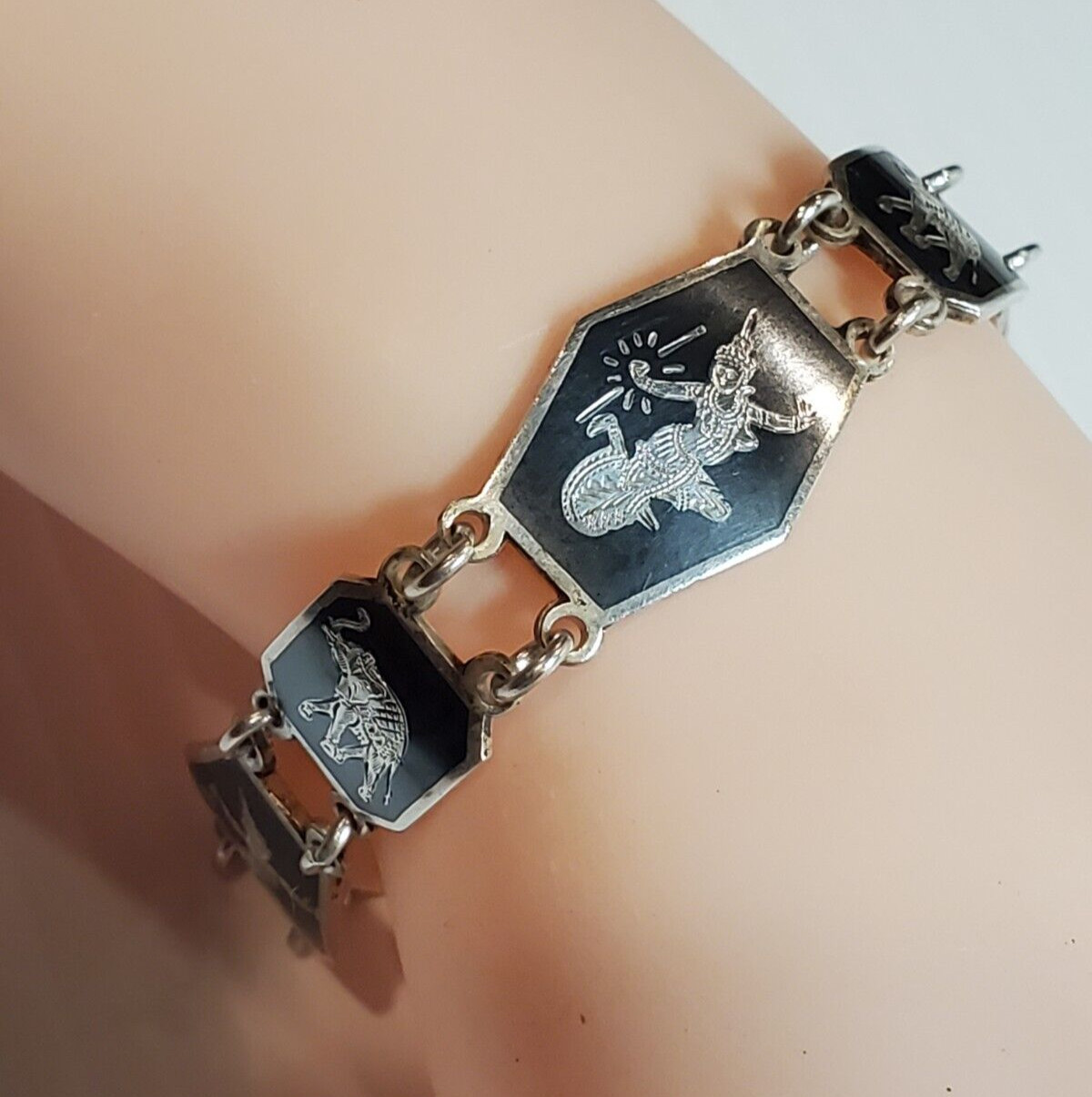 VTG Sterling Silver Siam Black Nielloware Filigree Bracelet 7in 21.4g AMFARCO