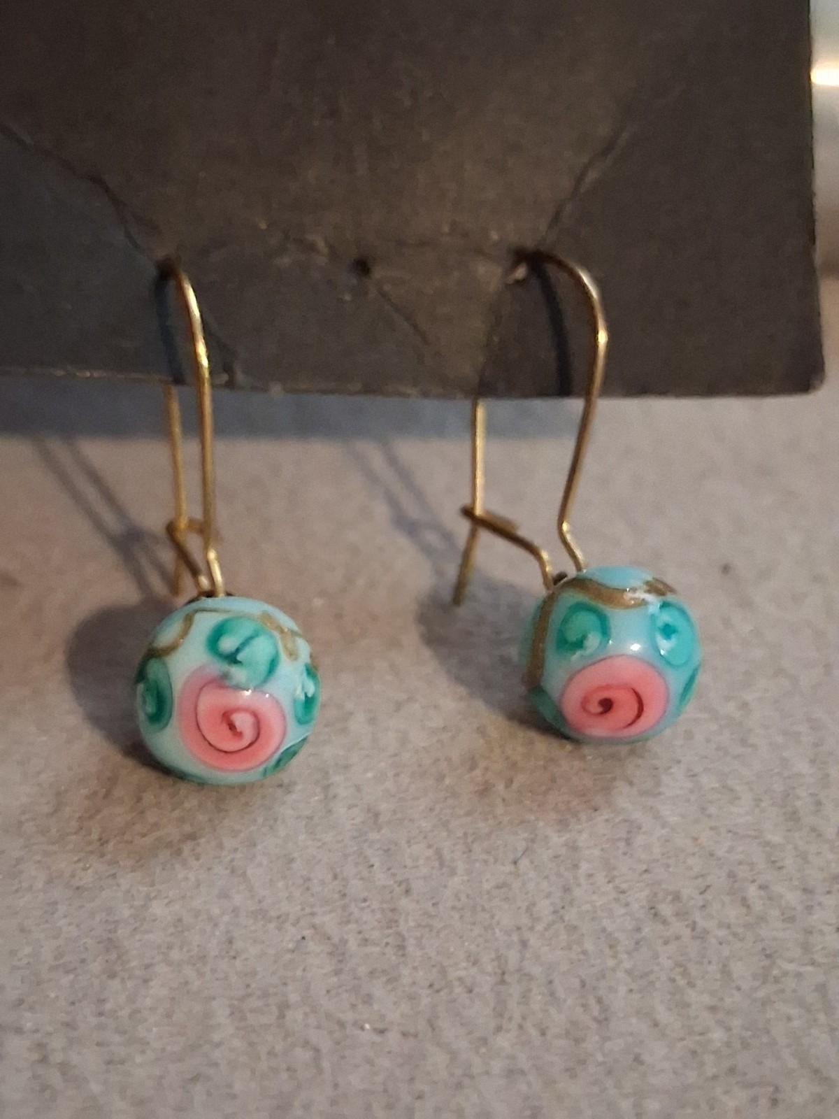Turquoise blue lampwork bead dangle drop earrings w/pink flower, gold-plate earw