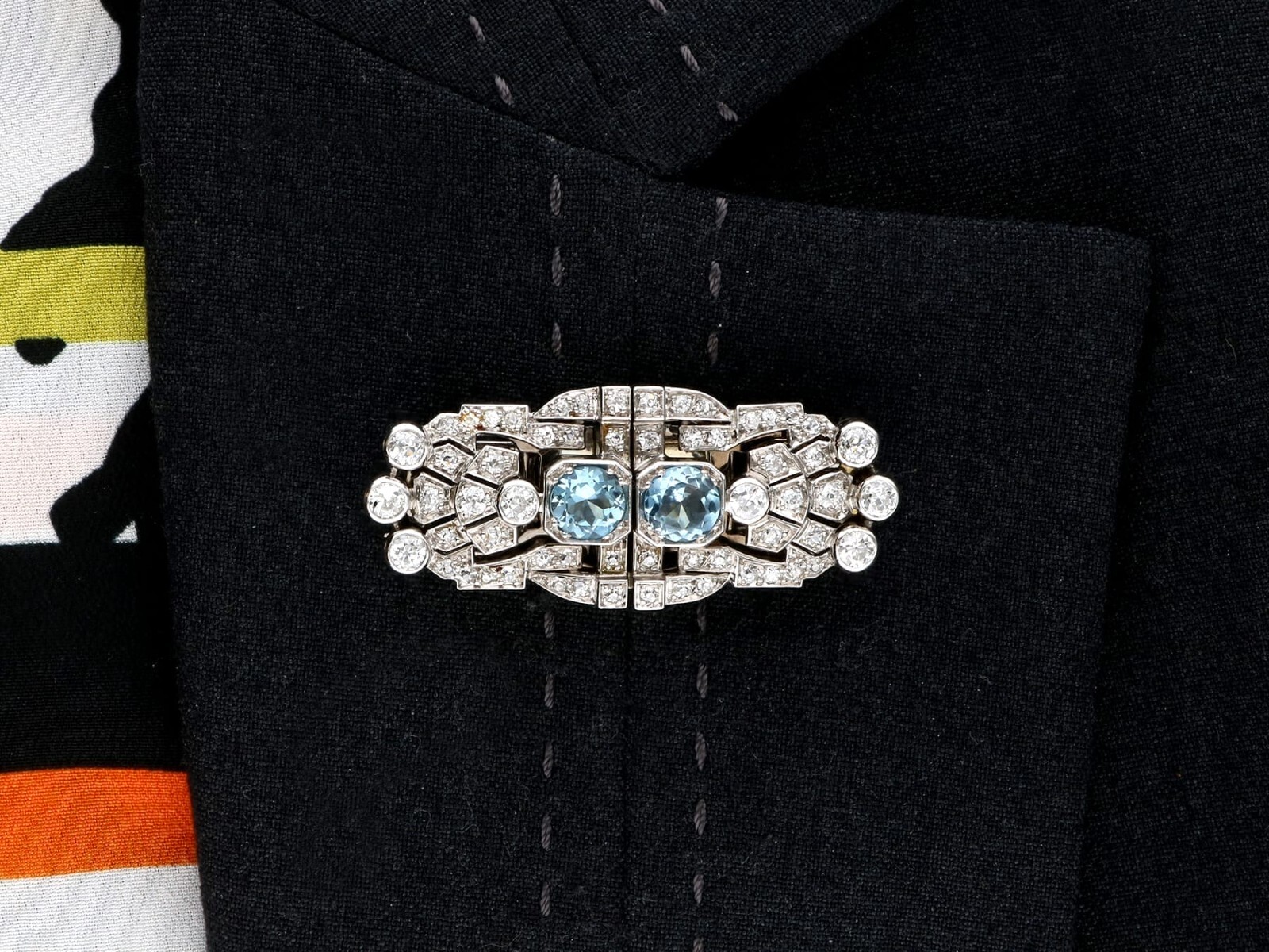 1.52Ct Aquamarine and 2.92Ct Diamond, 18k White Gold Double Clip Brooch