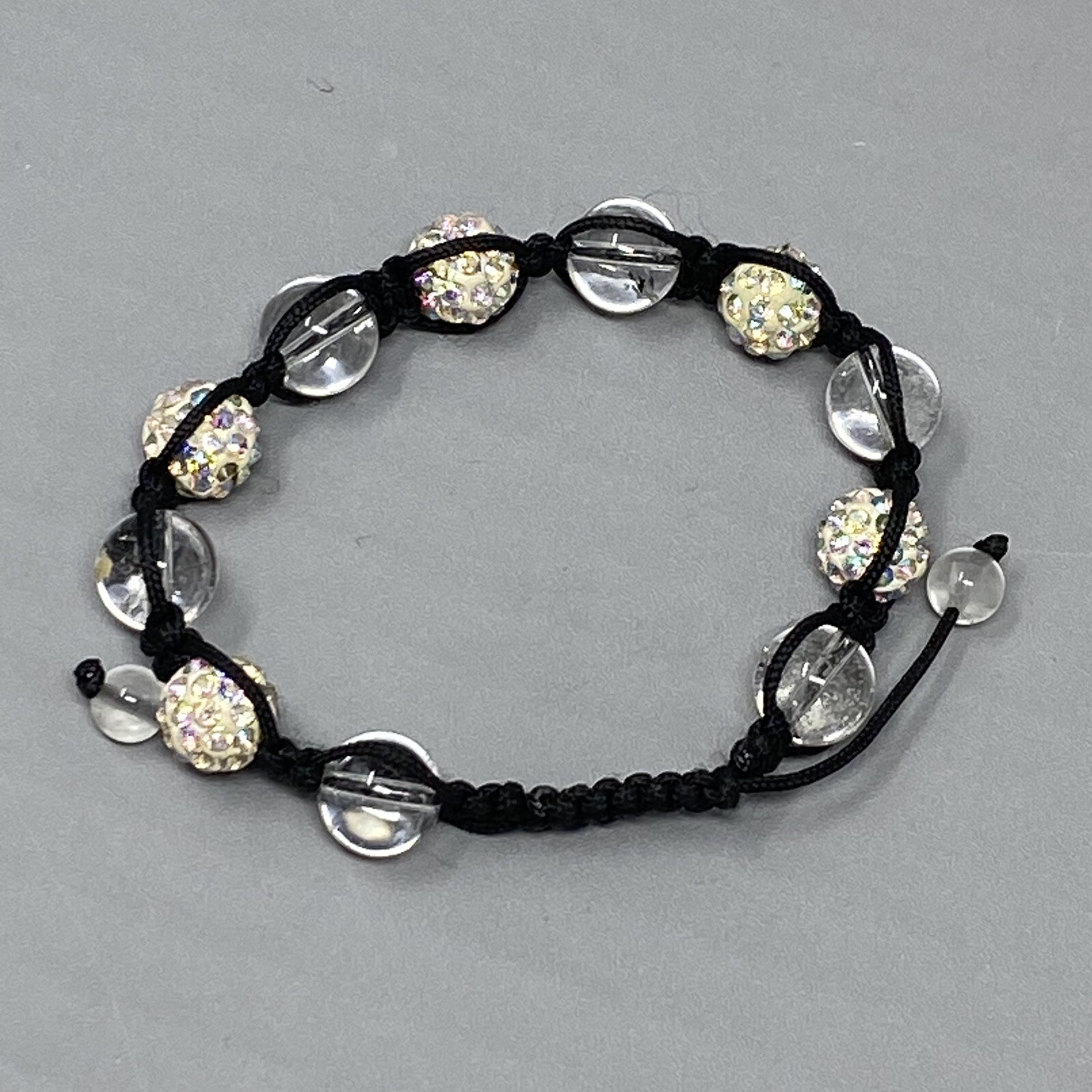 Glass Bead Bracelet Clear Druk Speckled AB Rhinestone Tension Cord Adjustable