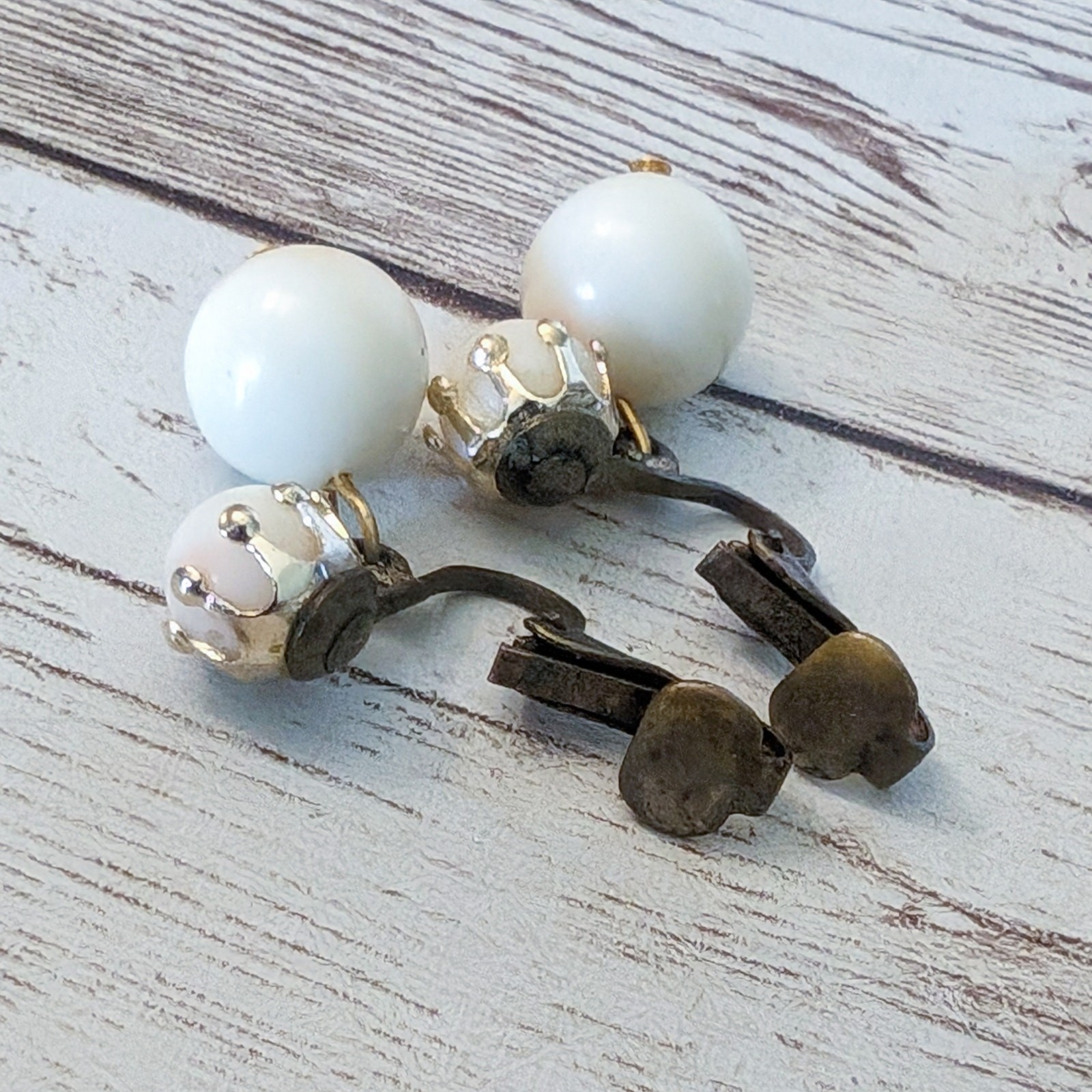Vintage Clip On Earrings Ball Duo Dangle Off White with Pink Hues