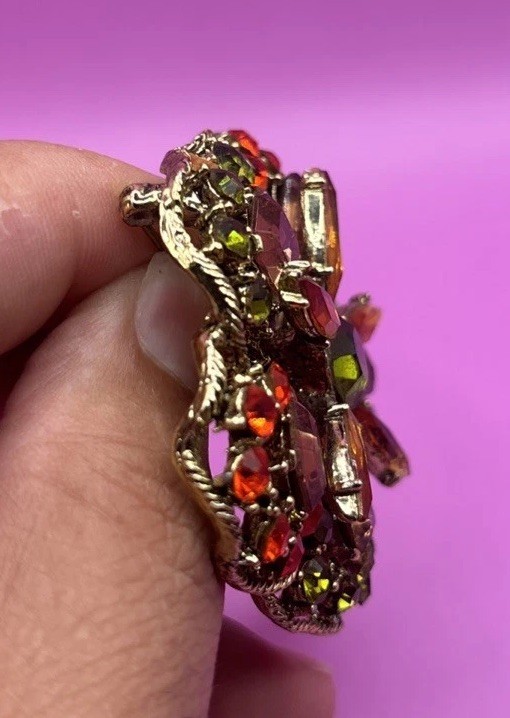 Gorgeous GREEN ORANGE & FAWN Rhinestone Vintage Brooch – PIN Autumn Fall Colors