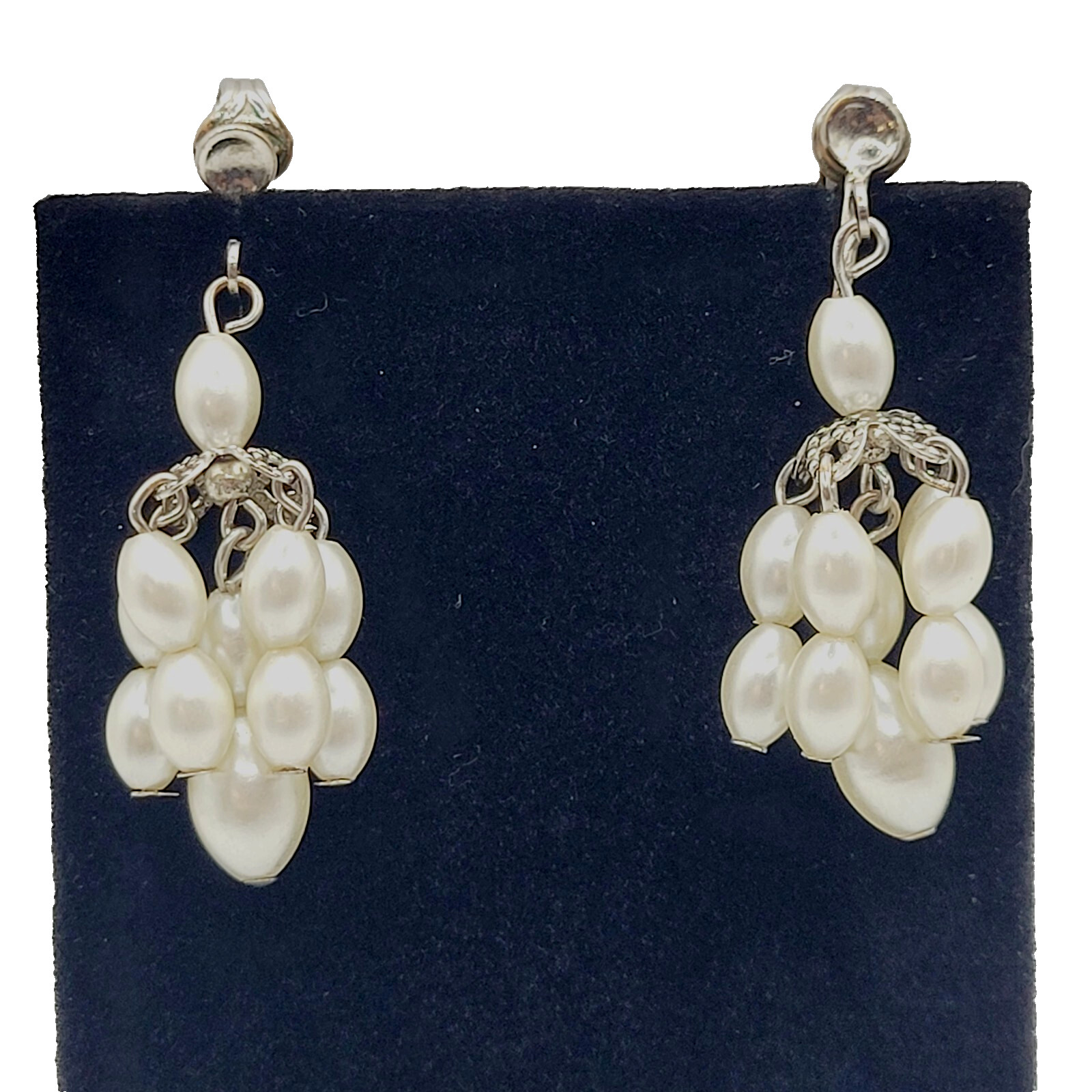 Faux Pearl Drop Dangle Cluster Silver Tone Clip On Fancy Vtg Costume Earrings