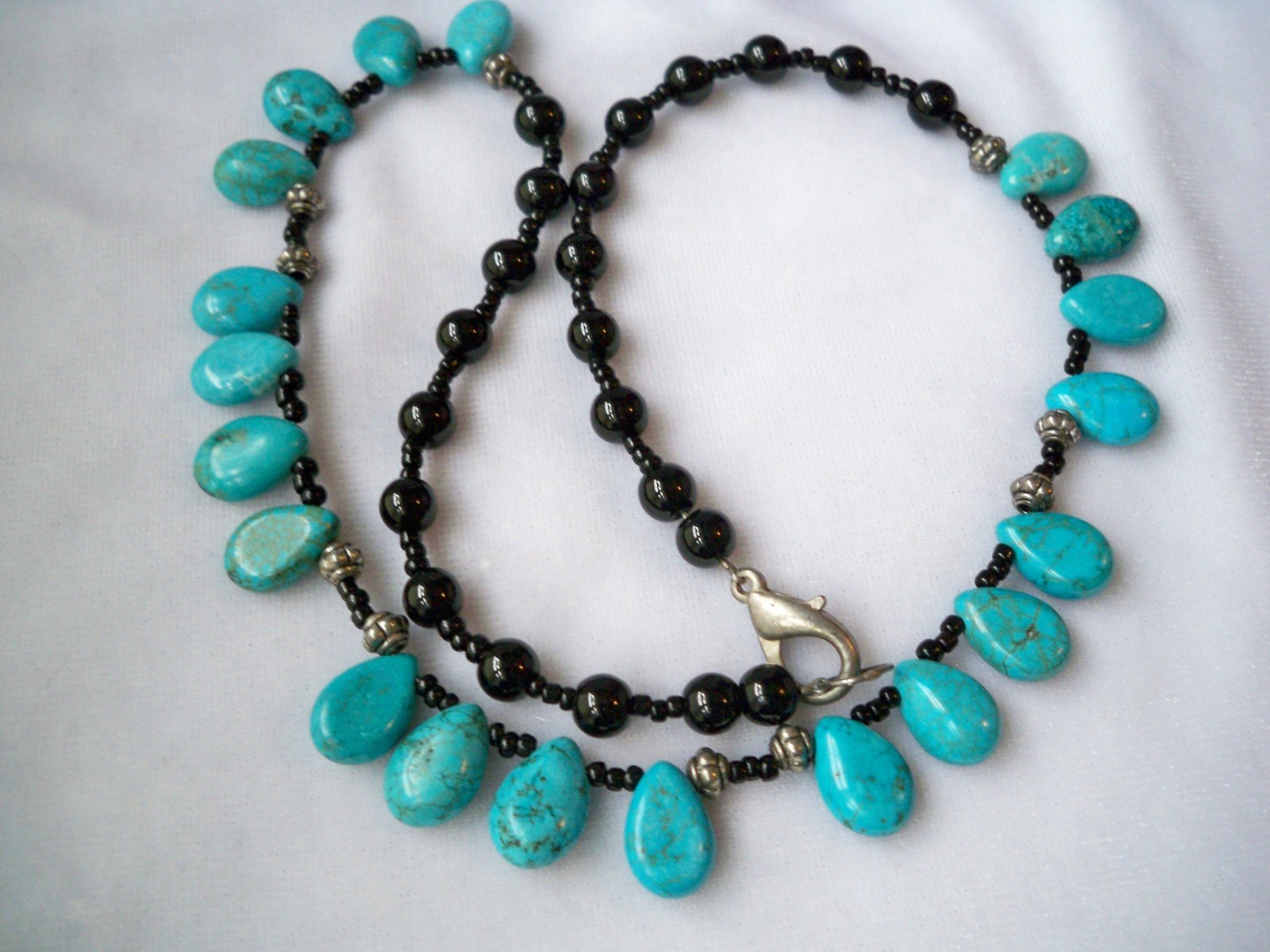 Vintage Black Glass & Turquoise Teardrop Fringe Beaded Bib Necklace