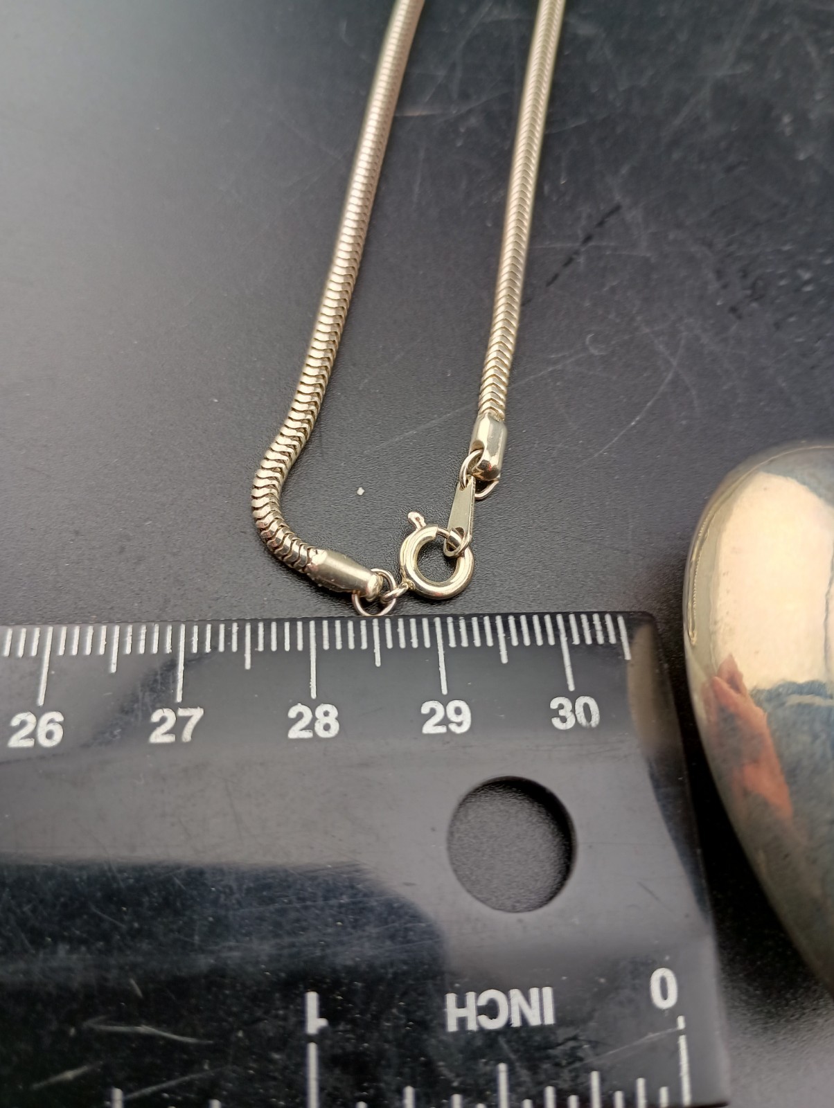Vintage Shiny 70s Puffy Heart Pendant Necklace Silver Tone Round Chain 30″