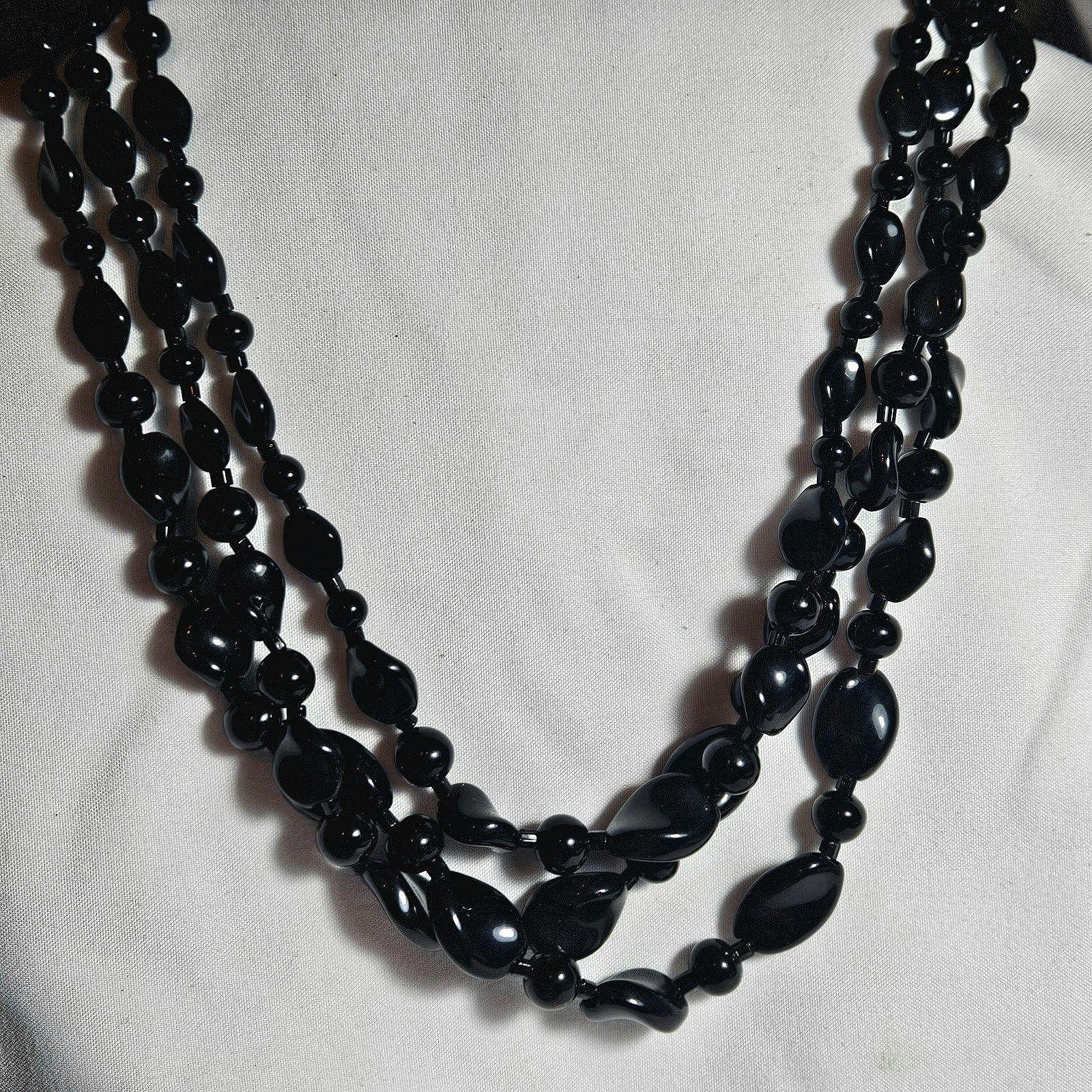 Japan Retro Vintage Necklace Black 3 Strand Glass Beads Metal Hook Clasp