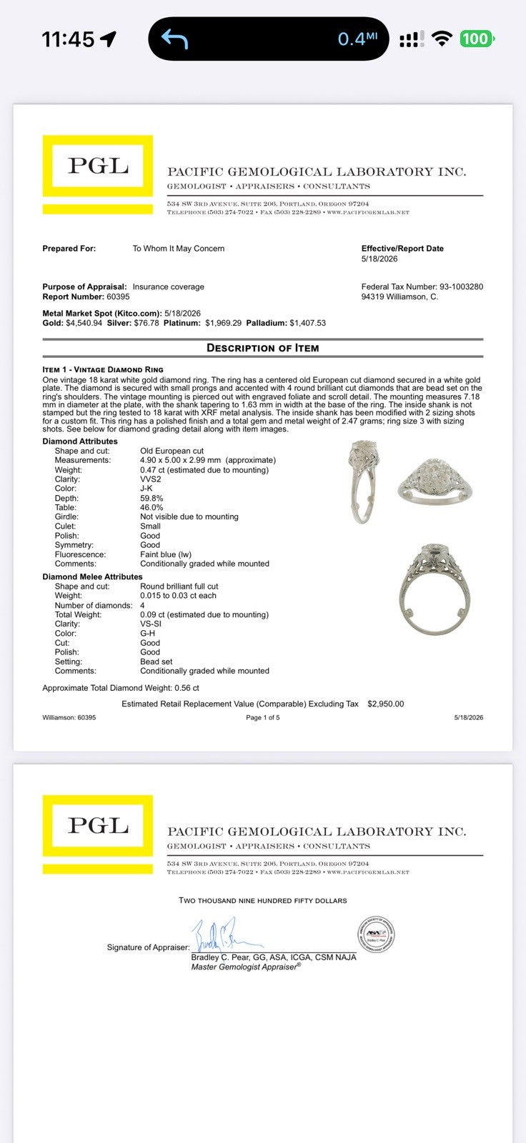 One vintage 18 karat white gold diamond ring with 5 Old European Cut Diamonds.