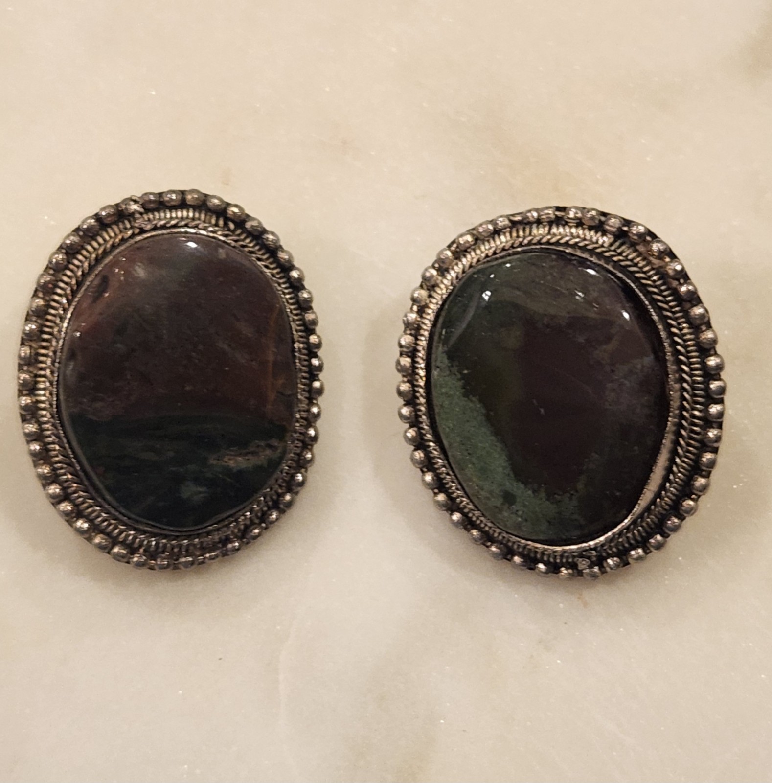 Vintage Clip On Earrings Green Brown Stone Silver Tone Boho Earthy Nature