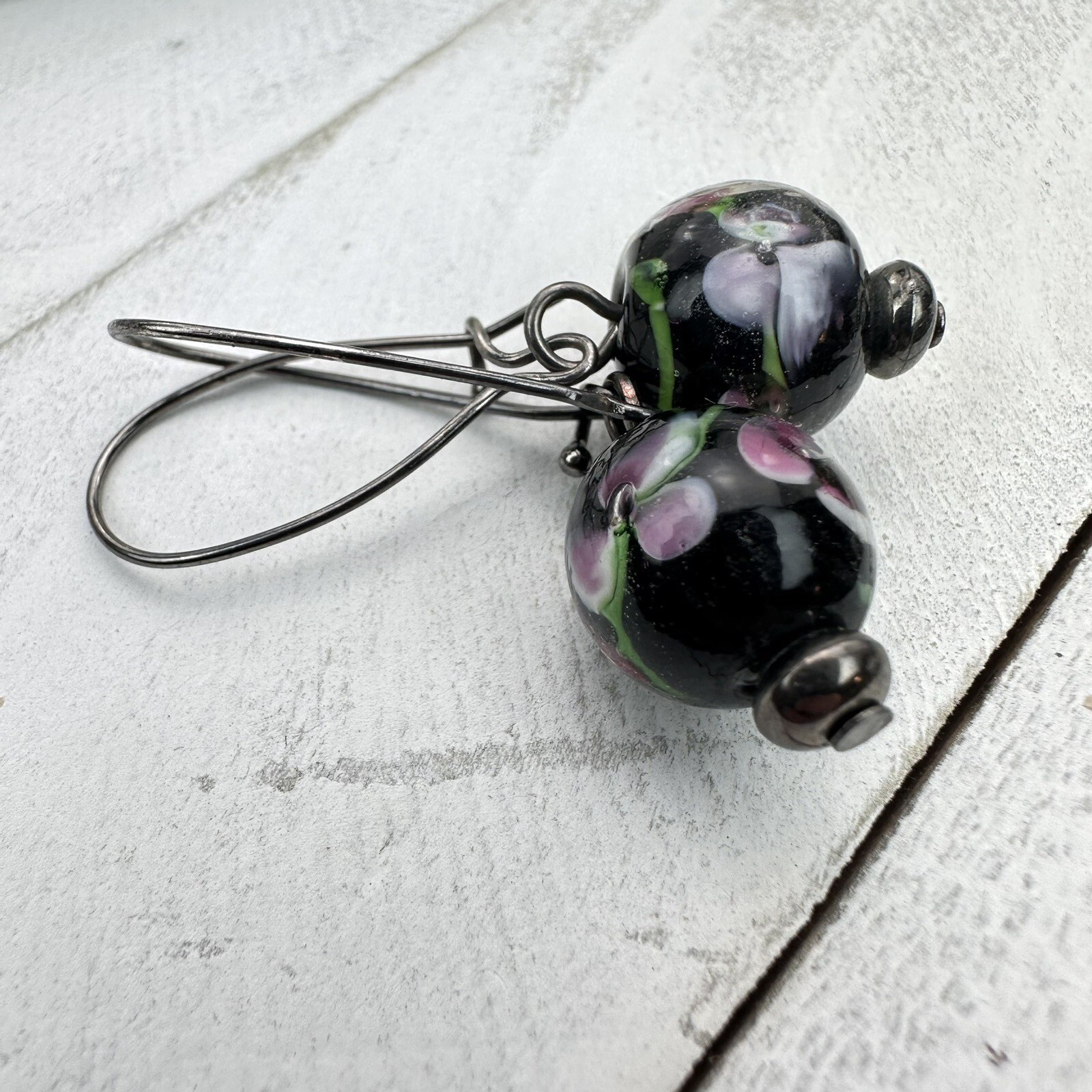 Vintage Venetian Murano Glass Black Flower Ball Dangle Earrings