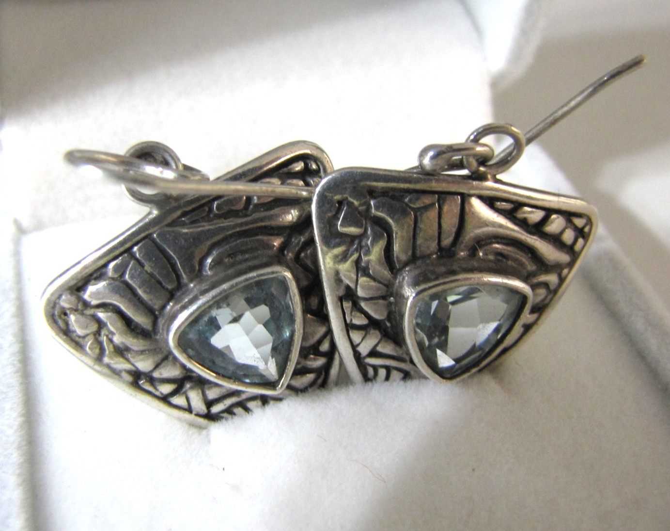 Vintage Sterling Silver Trillion Blue Topaz Tribal Shield Earrings Signed DC 925
