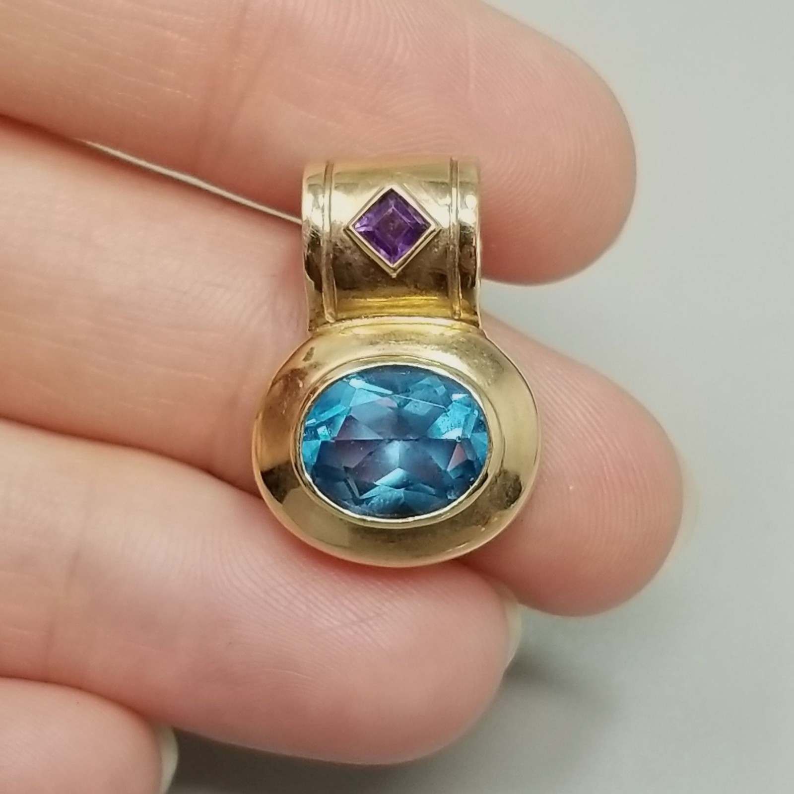 Vintage 14k Gold Oval Blue Topaz Pendant Large Slide Bail December Birthstone