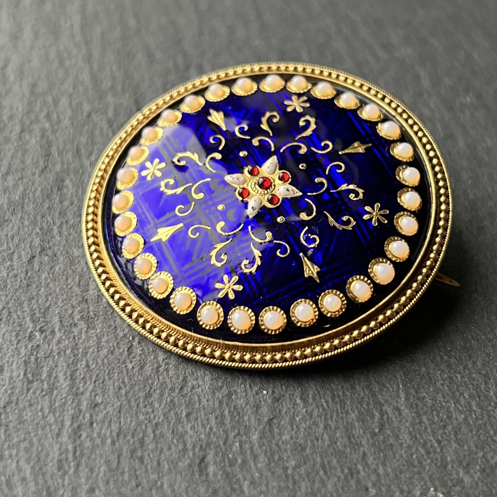 14kt Vintage Enamel Ruby Opal Brooch Pin