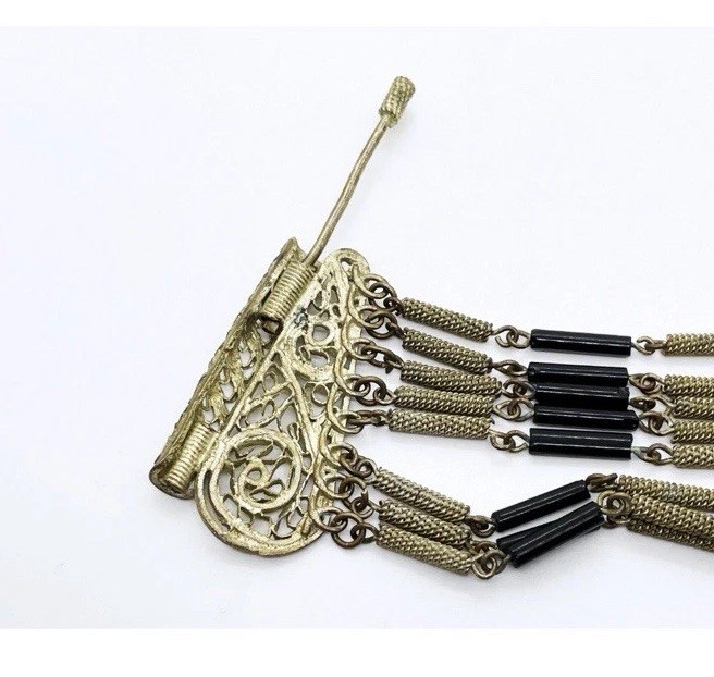 Vintage Multi Strand Wire Wrap Bracelet Filigree Black Tube Bead Metalwork 6.4”