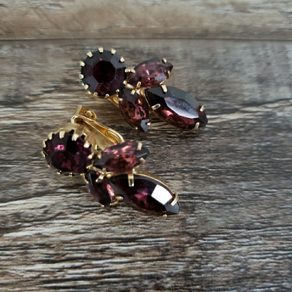 Vintage Purple Cluster Navette Prong Earrings Clip On Gold Tone