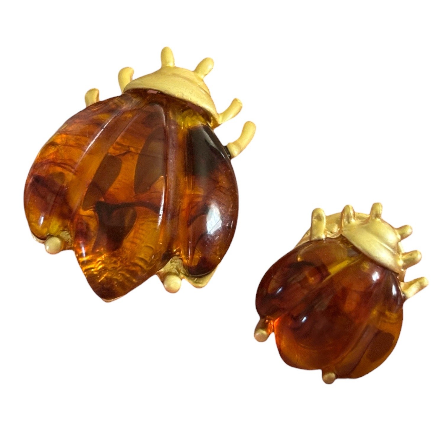 Honey Amber Ladybug Brooch & Pin Set Lucite Beetle Bug 80s Gold Tone