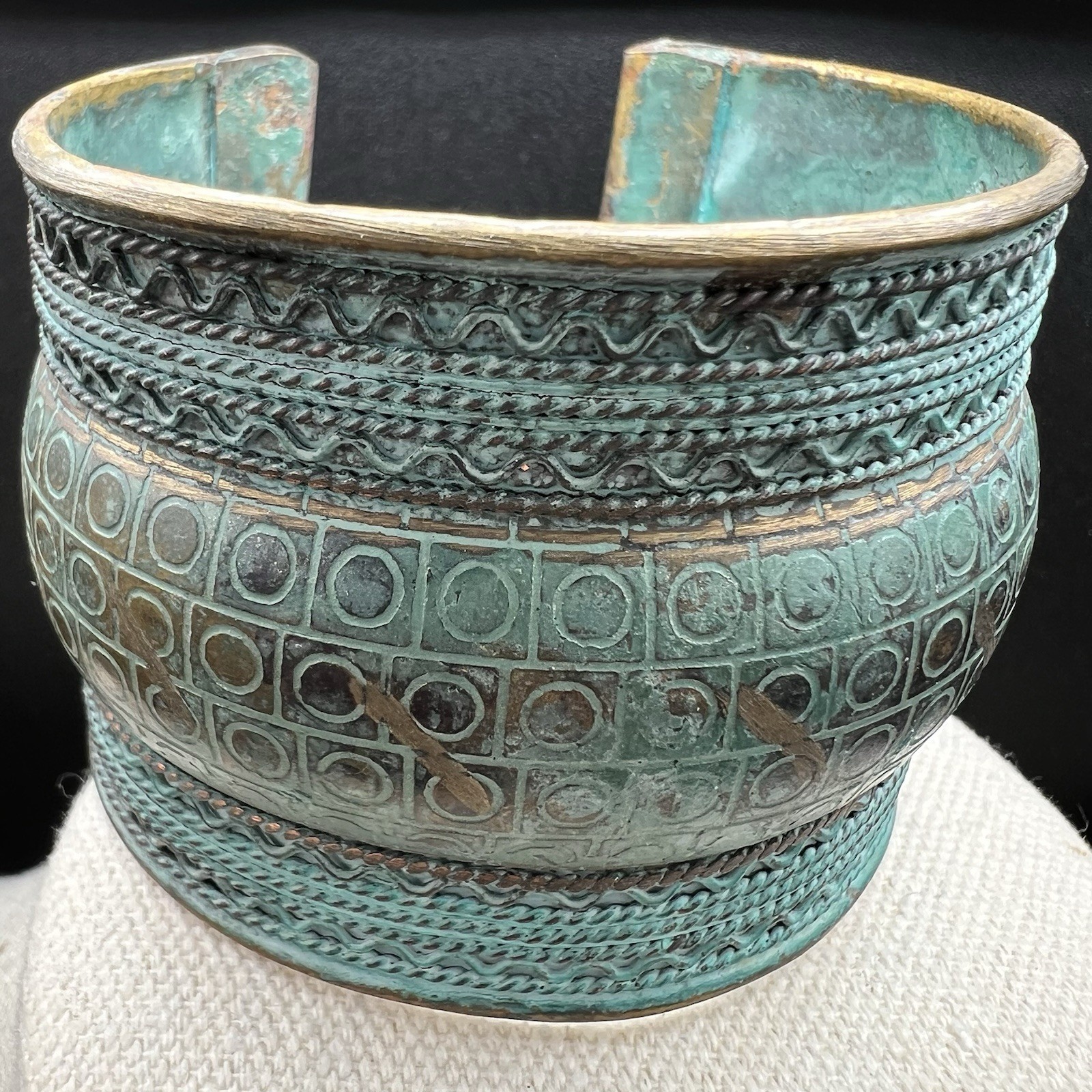 Wide Embossed CopperTone Cuff Bracelet Verdigris Patina Tribal Artisan Statement