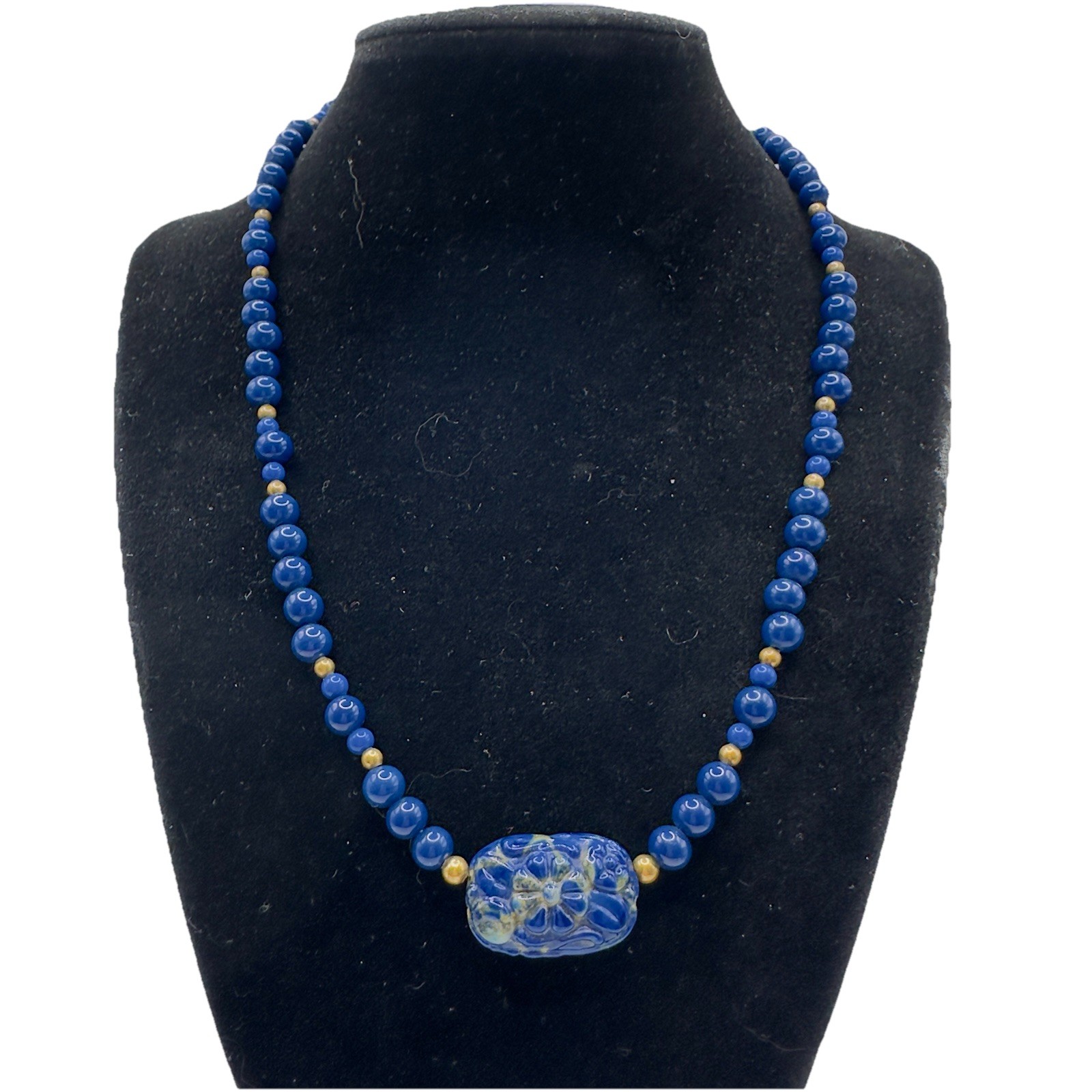 Artisan Blue Beaded Necklace Carved Floral Center Brass Hook Clasp 18″ Handmade