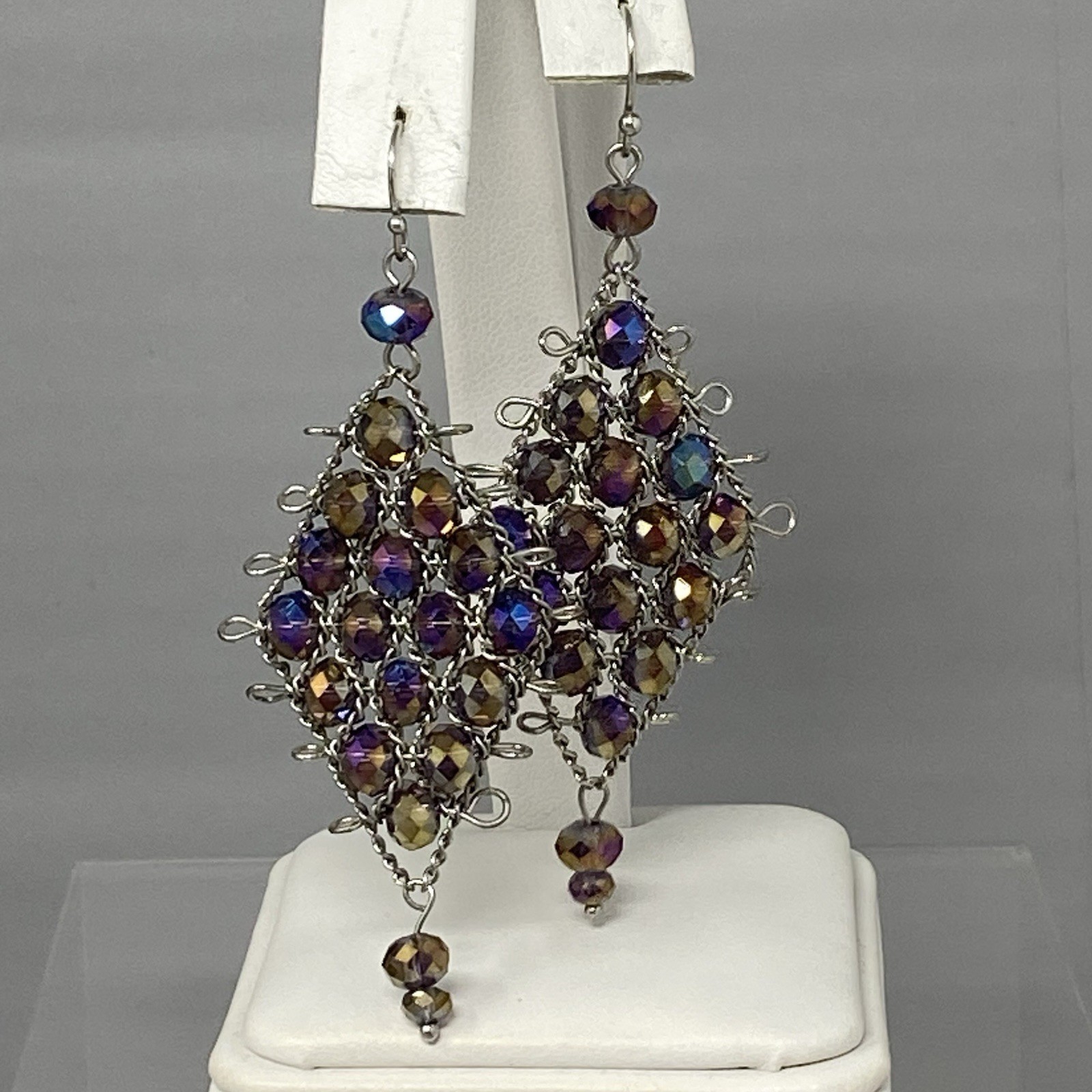Purple Chandelier Dangle Earrings Pierced Peacock Surface Coated Wire Woven 3″