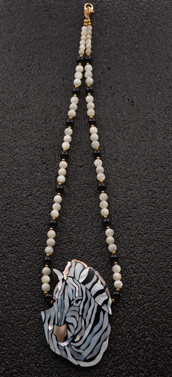 Vintage Lee Sands Safari Zebra Inlay Necklace Mother of Pearl Abalone