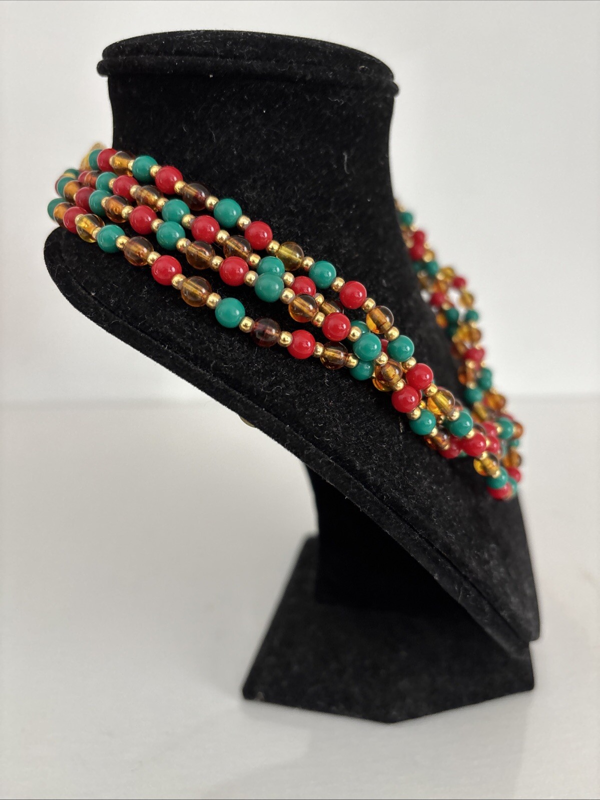 Vintage Mimi di N Beaded Necklace 1970s Designer Gold Red Green Collar